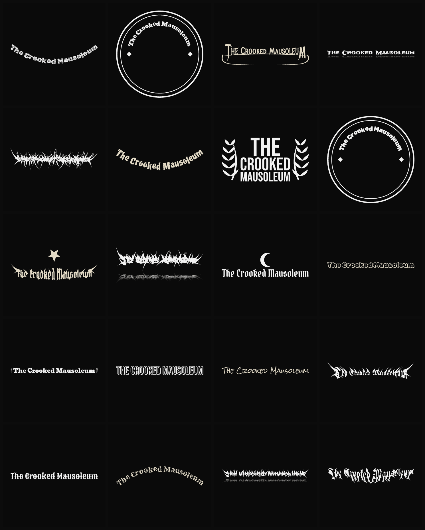 Twenty The Crooked Mausoleum band logo ideas — different faces, treatments and spike settings