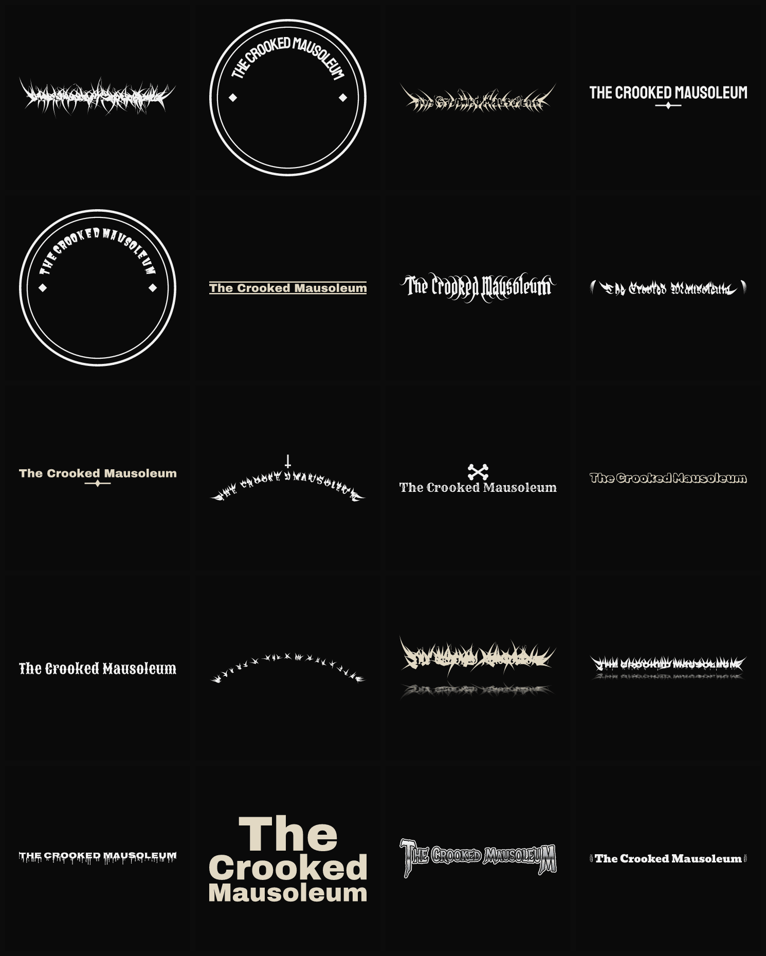 Twenty The Crooked Mausoleum band logo ideas — different faces, treatments and spike settings