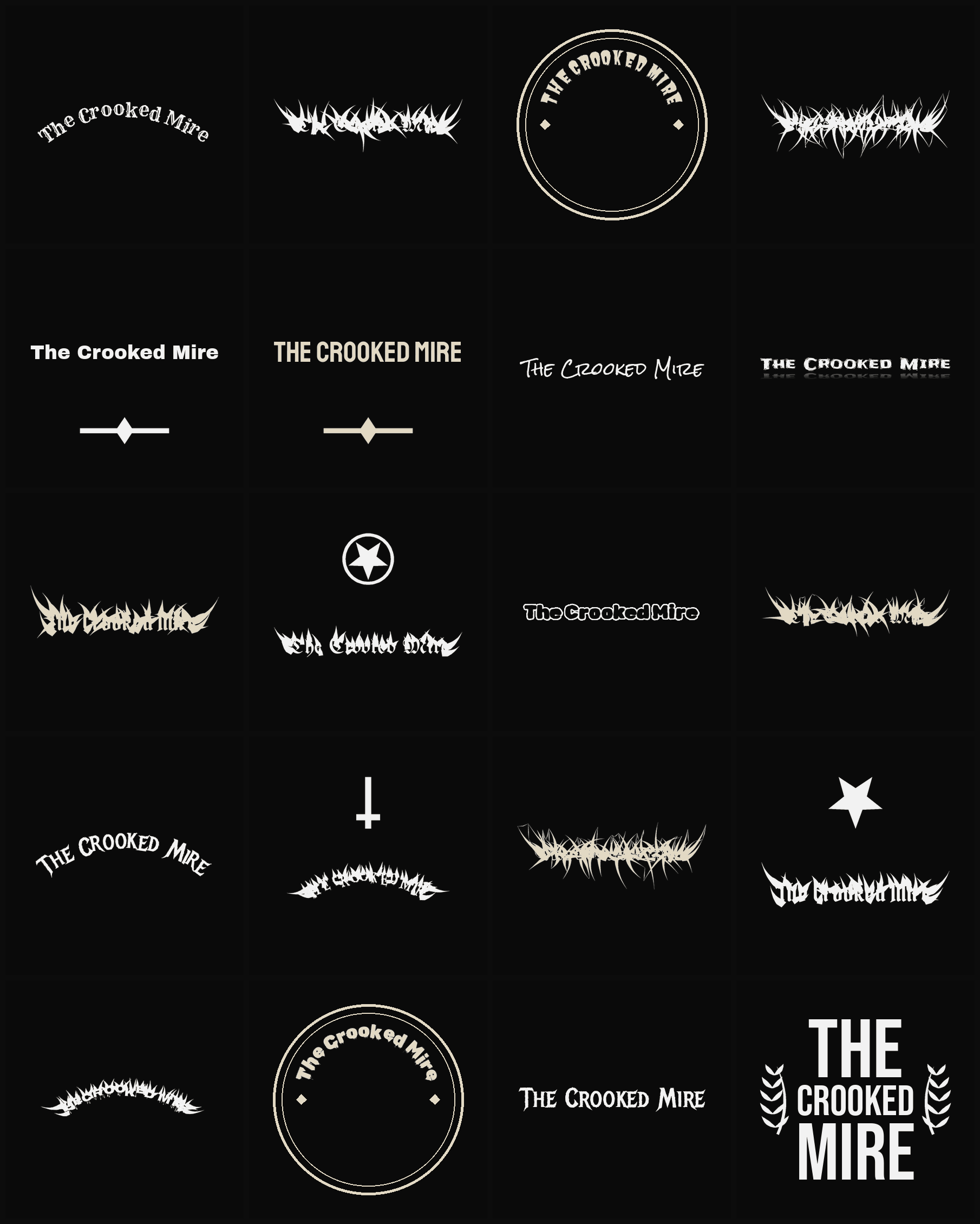 Twenty The Crooked Mire band logo ideas — different faces, treatments and spike settings