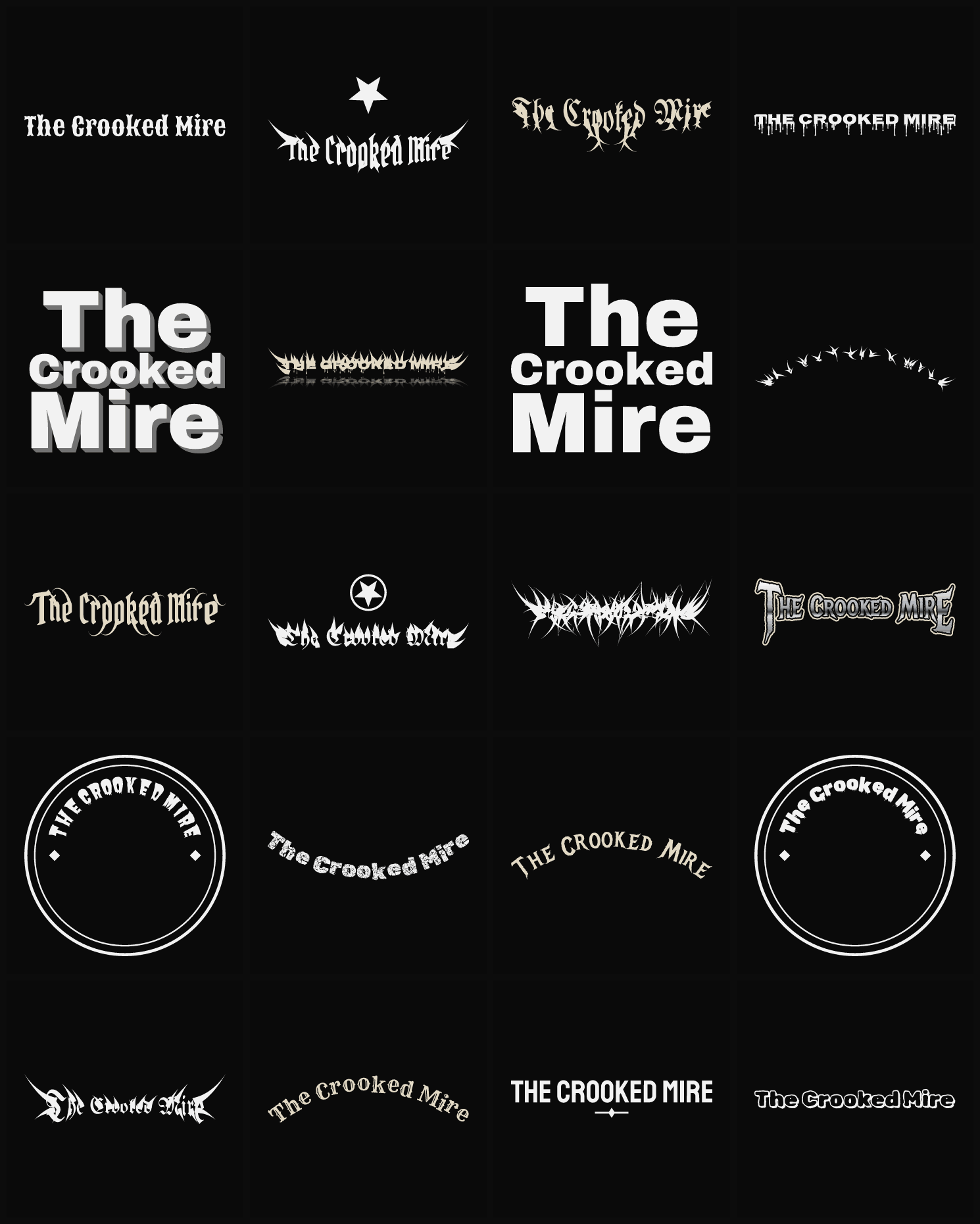 Twenty The Crooked Mire band logo ideas — different faces, treatments and spike settings