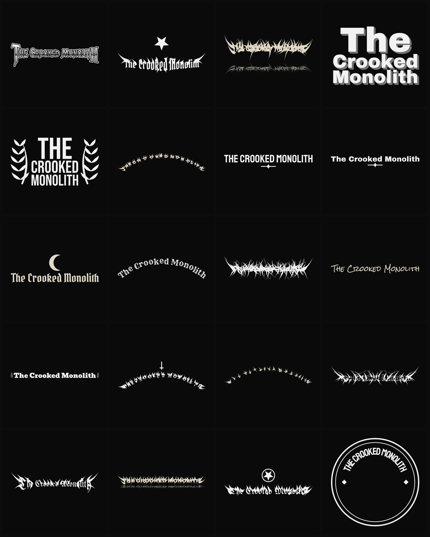 Twenty The Crooked Monolith band logo ideas — different faces, treatments and spike settings