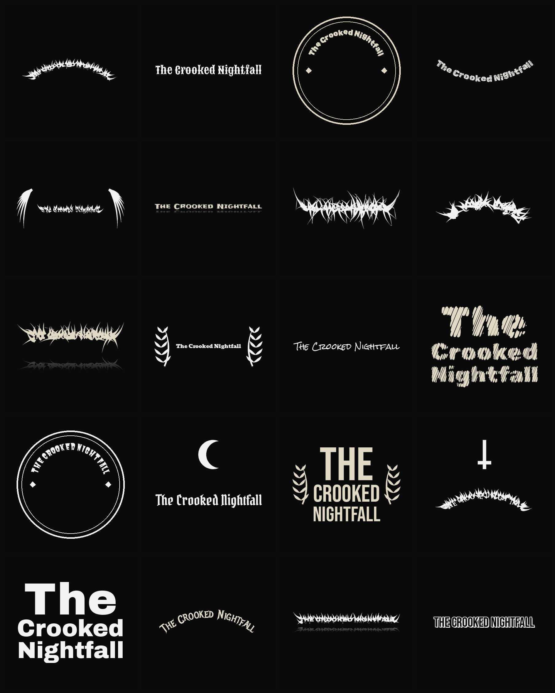 Twenty The Crooked Nightfall band logo ideas — different faces, treatments and spike settings