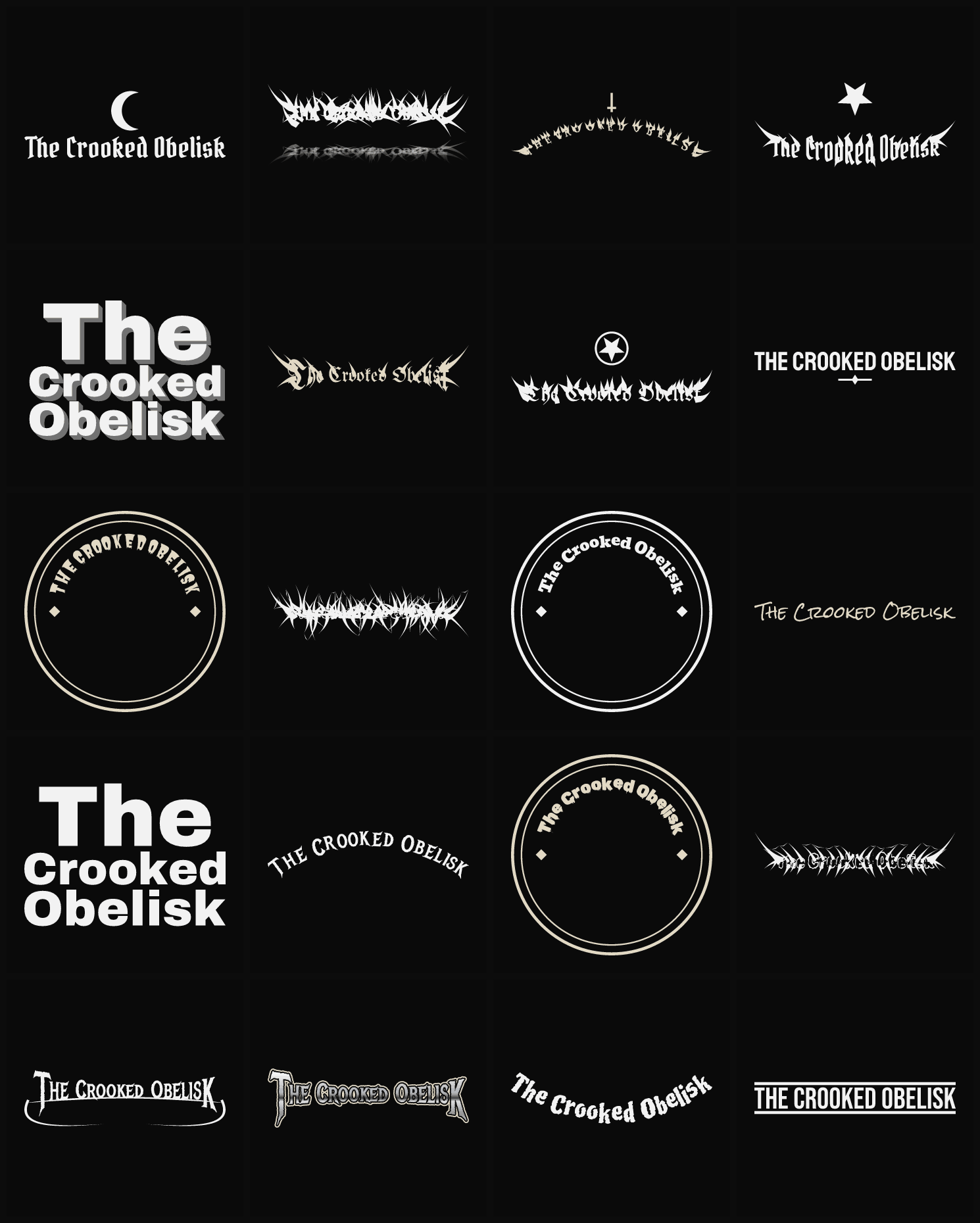 Twenty The Crooked Obelisk band logo ideas — different faces, treatments and spike settings