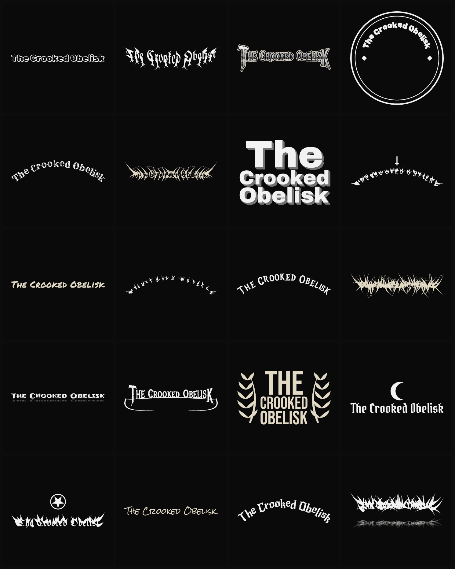 Twenty The Crooked Obelisk band logo ideas — different faces, treatments and spike settings