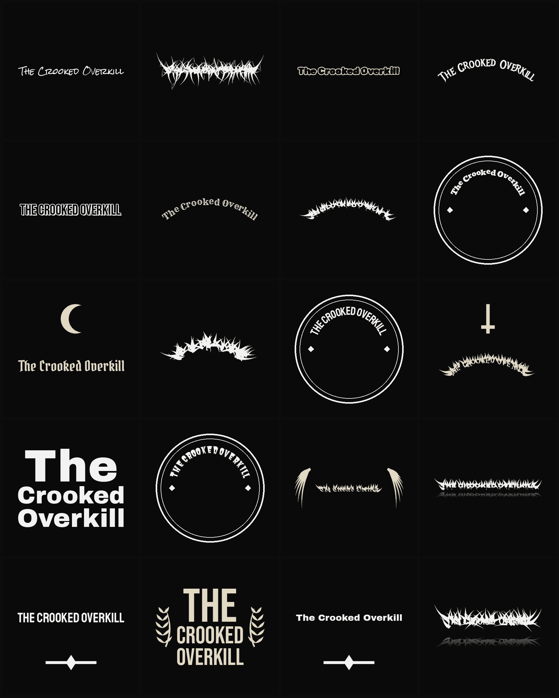 Twenty The Crooked Overkill band logo ideas — different faces, treatments and spike settings