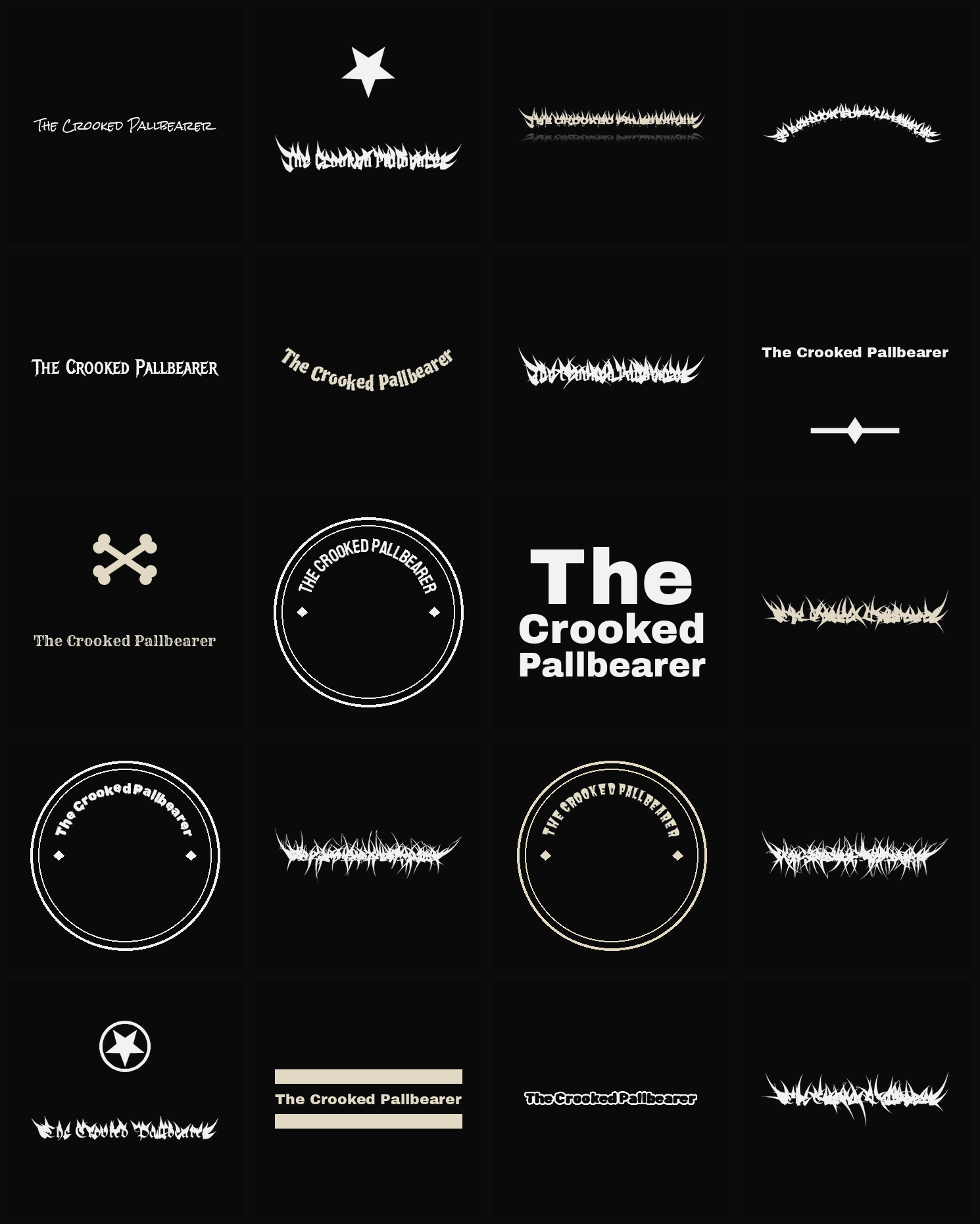 Twenty The Crooked Pallbearer band logo ideas — different faces, treatments and spike settings