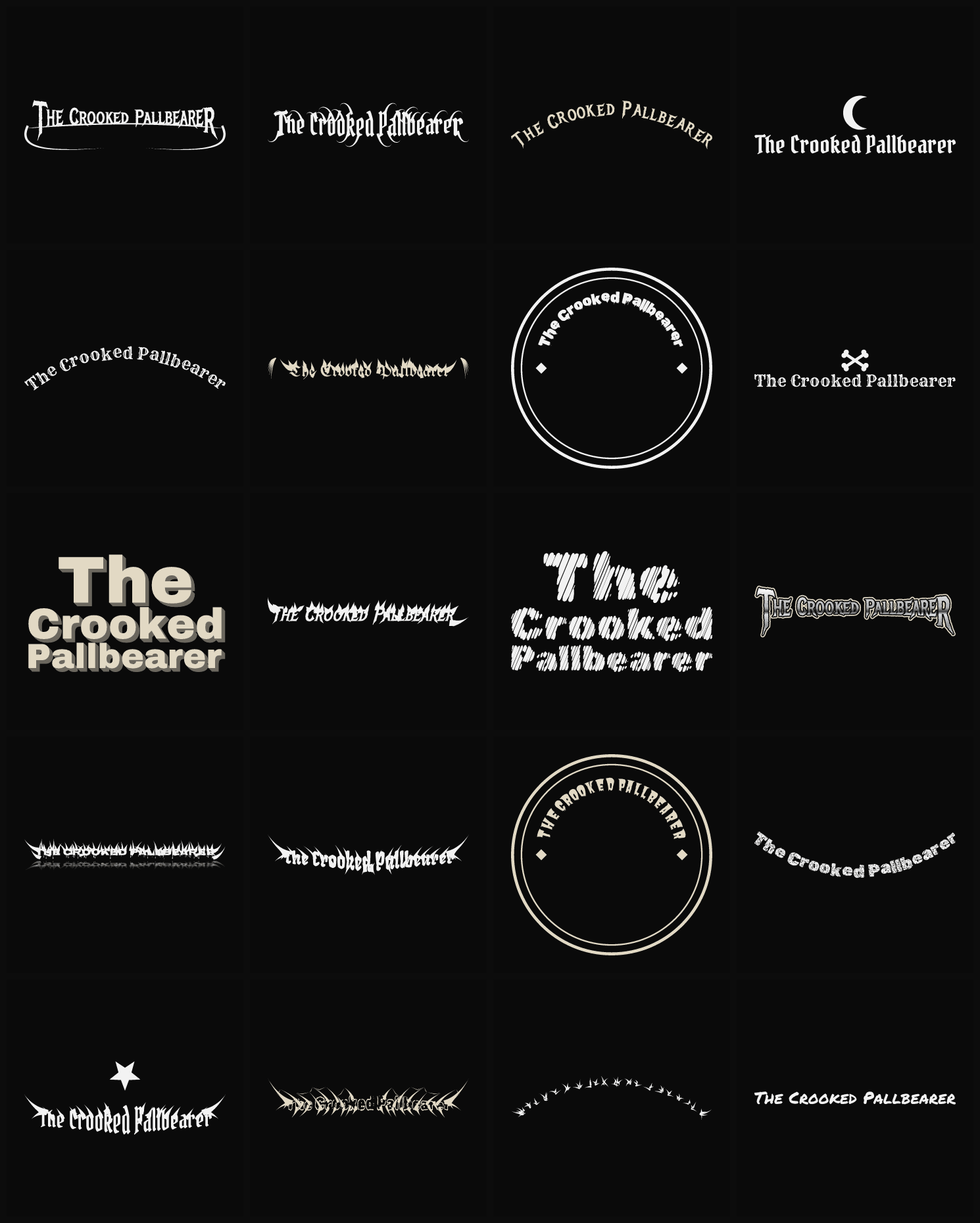 Twenty The Crooked Pallbearer band logo ideas — different faces, treatments and spike settings