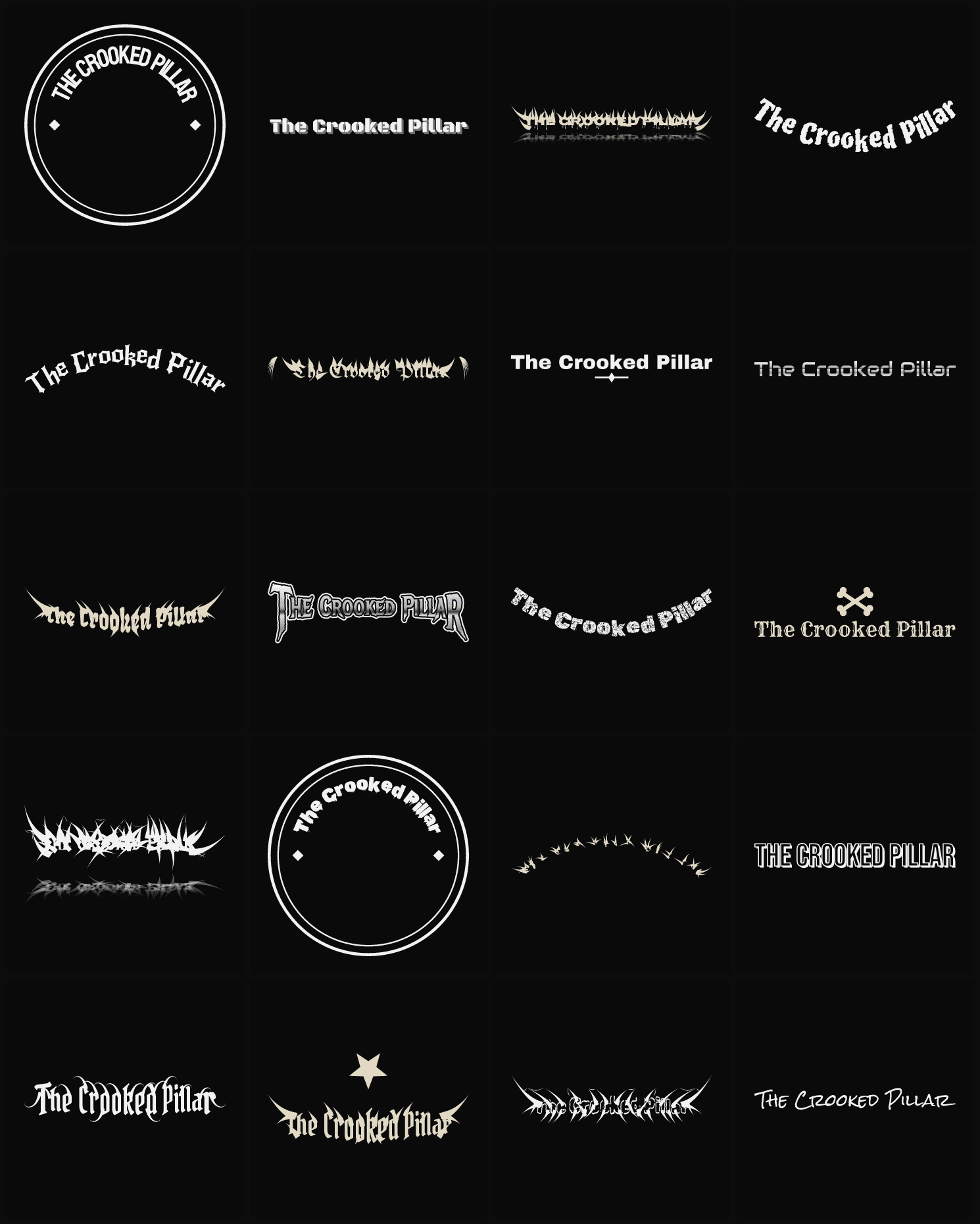 Twenty The Crooked Pillar band logo ideas — different faces, treatments and spike settings