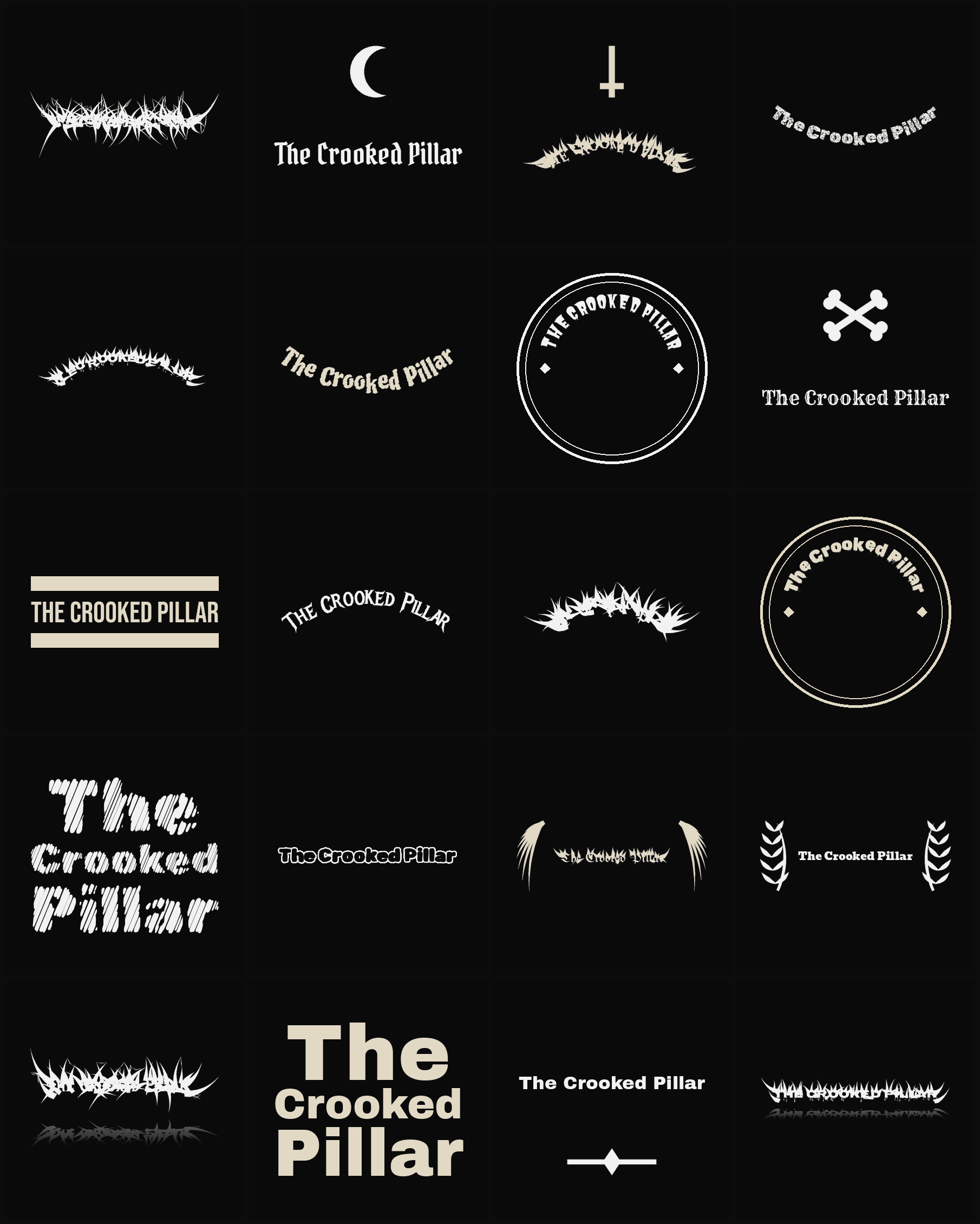 Twenty The Crooked Pillar band logo ideas — different faces, treatments and spike settings