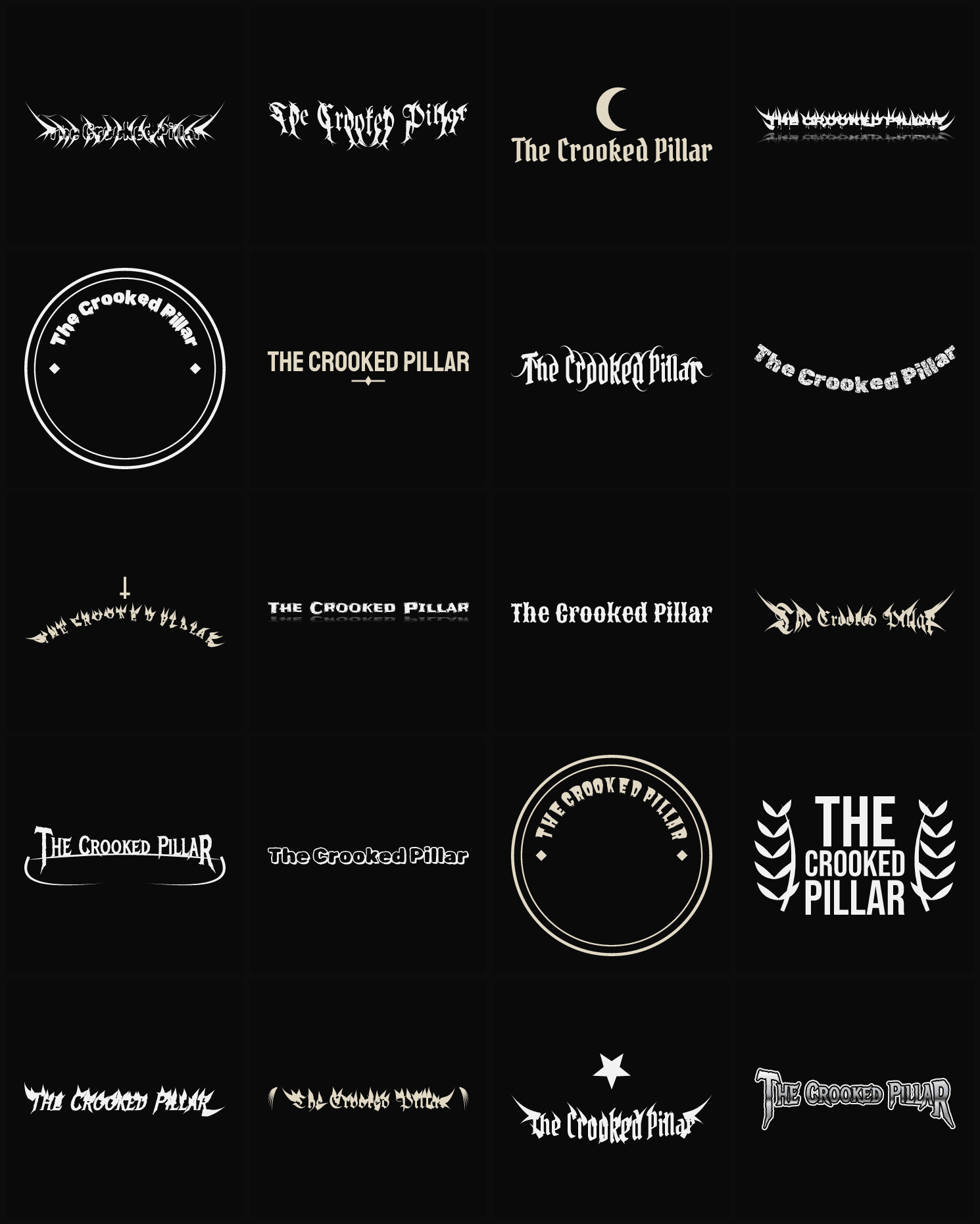 Twenty The Crooked Pillar band logo ideas — different faces, treatments and spike settings