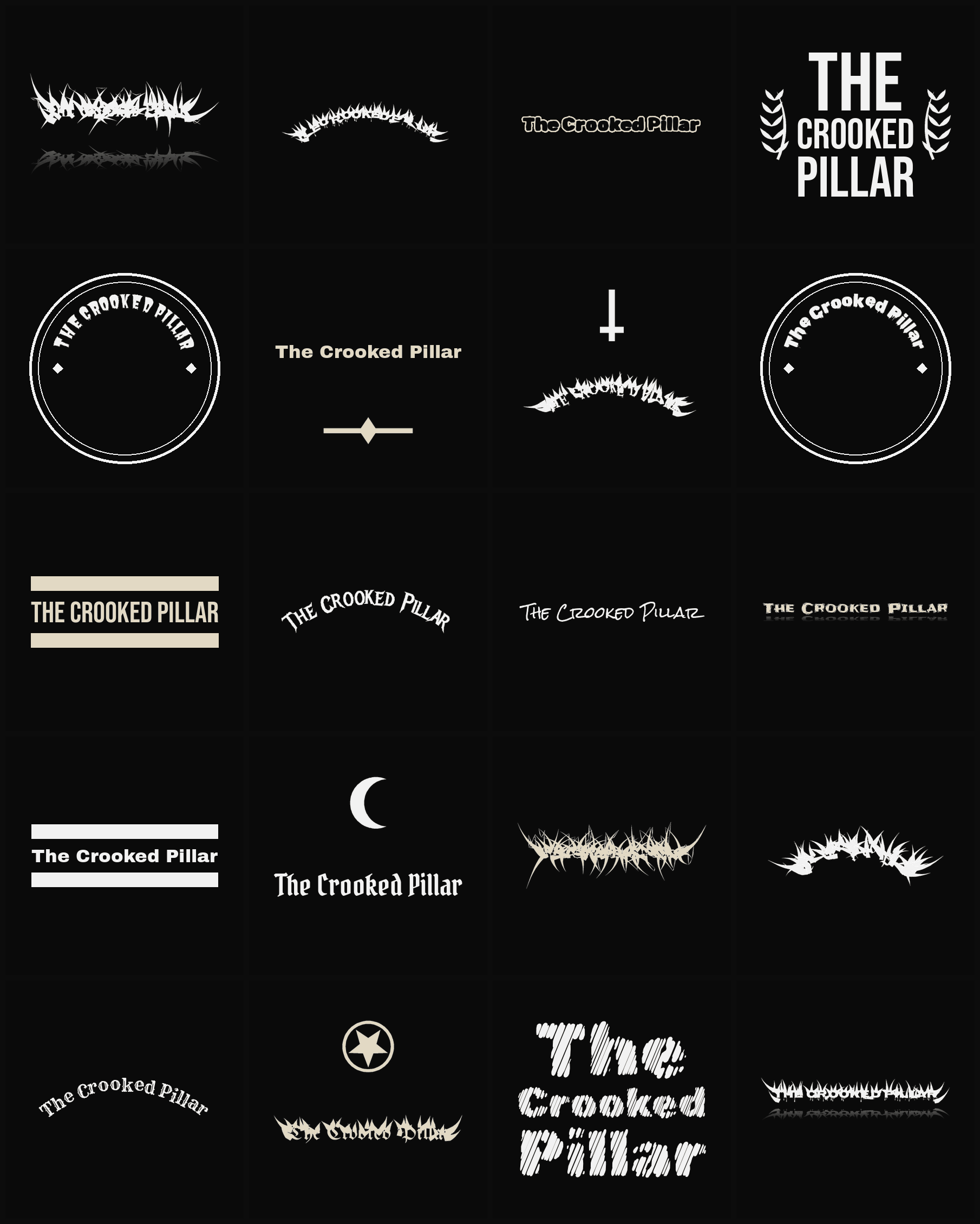 Twenty The Crooked Pillar band logo ideas — different faces, treatments and spike settings