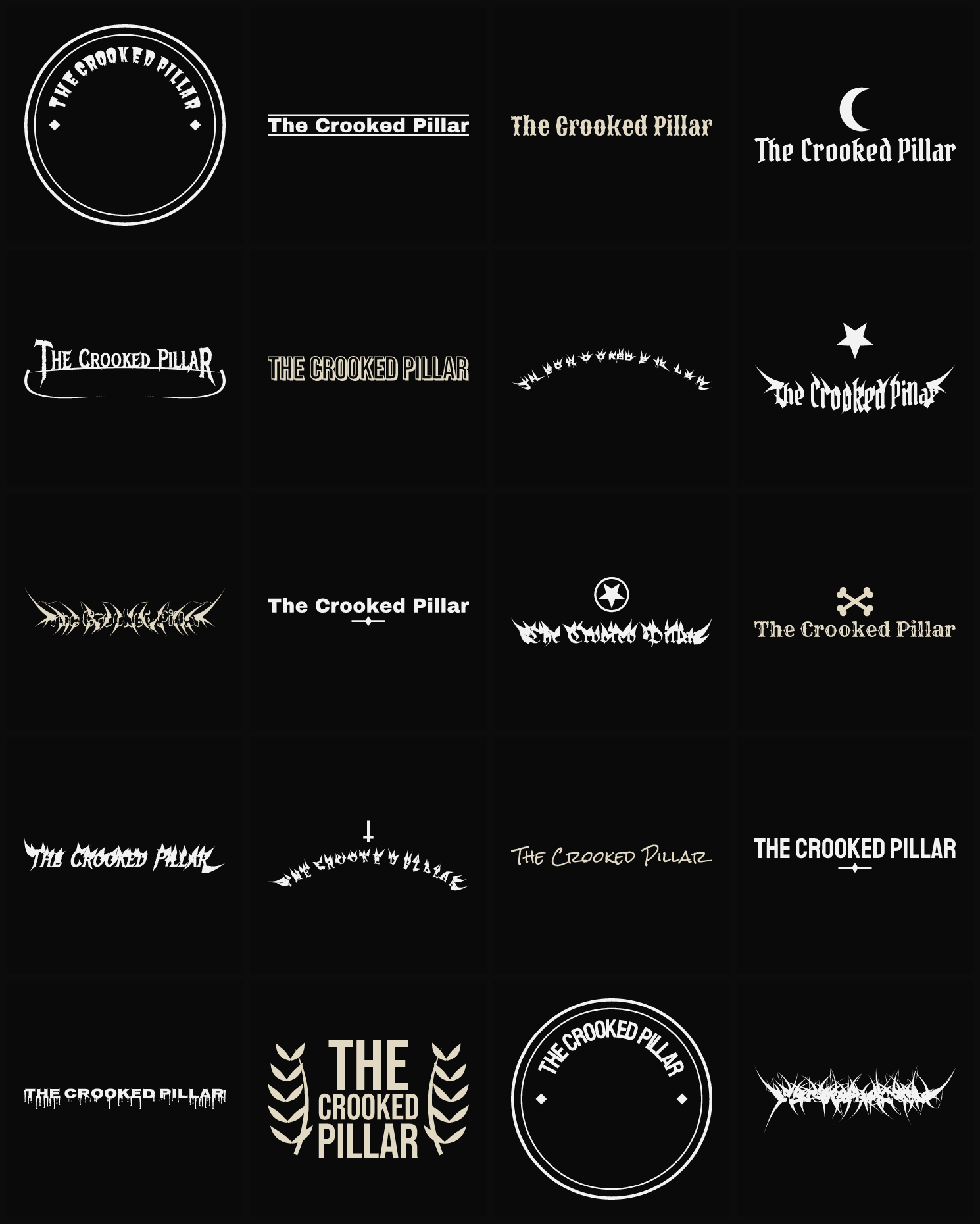 Twenty The Crooked Pillar band logo ideas — different faces, treatments and spike settings