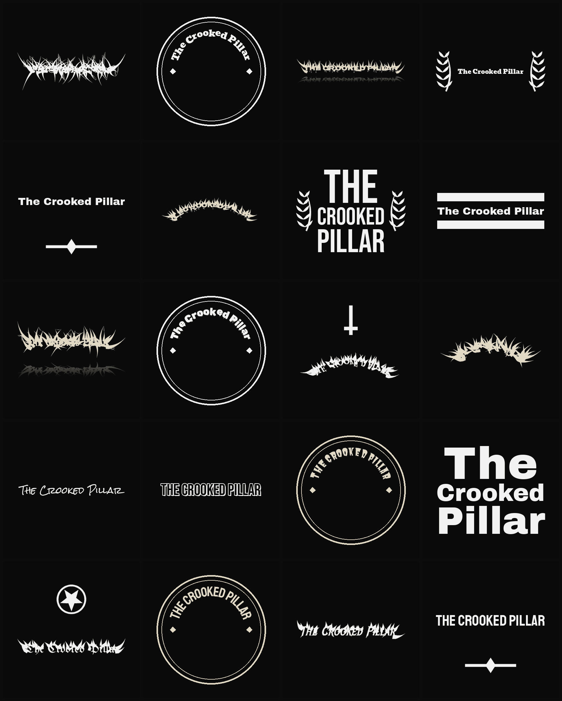 Twenty The Crooked Pillar band logo ideas — different faces, treatments and spike settings
