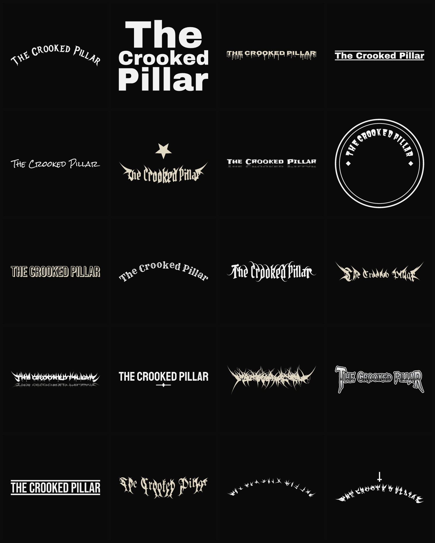 Twenty The Crooked Pillar band logo ideas — different faces, treatments and spike settings