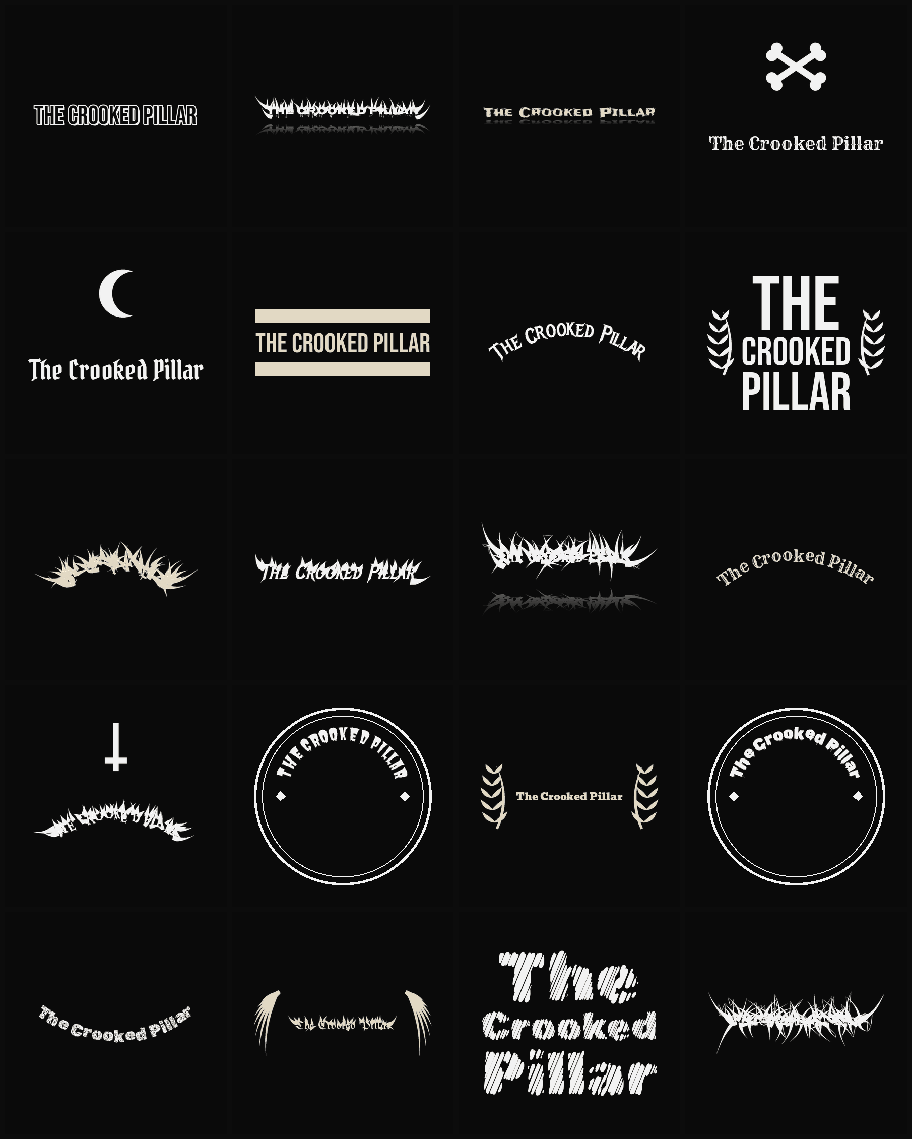 Twenty The Crooked Pillar band logo ideas — different faces, treatments and spike settings