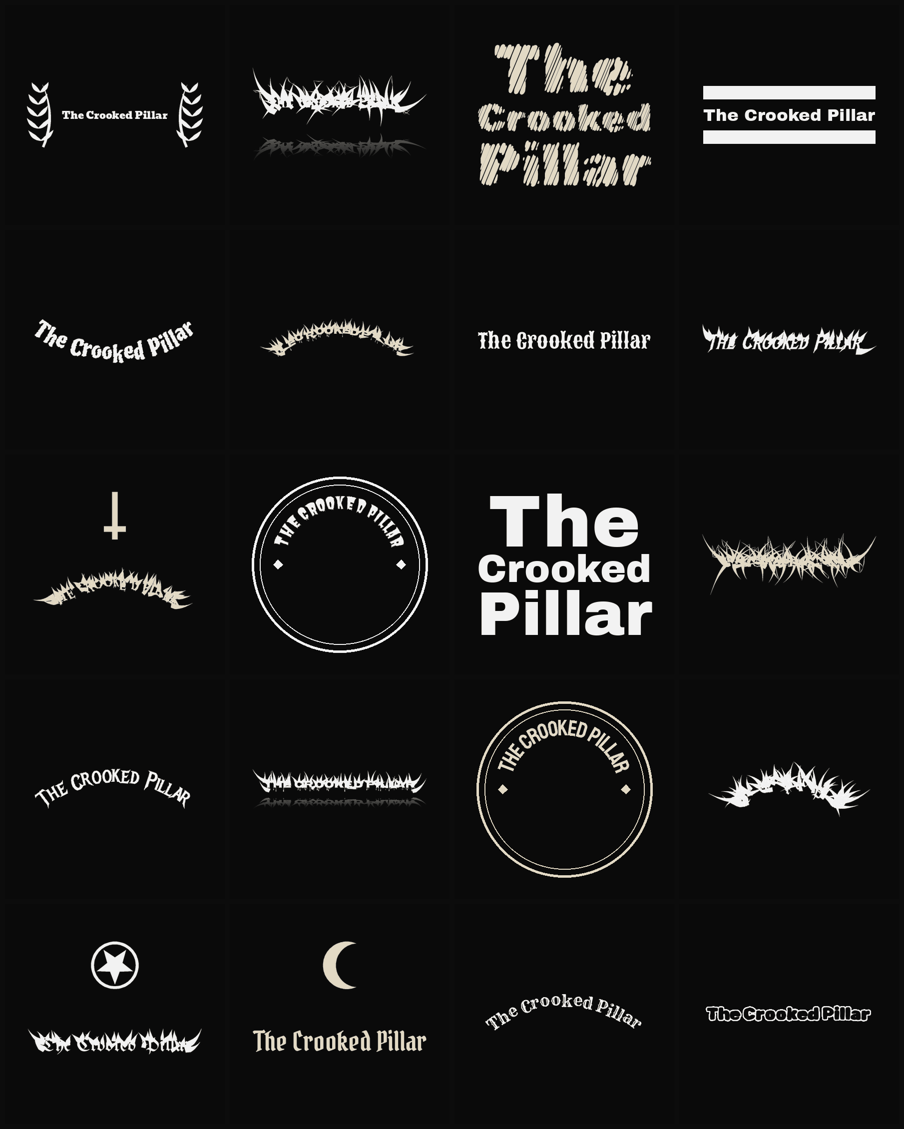 Twenty The Crooked Pillar band logo ideas — different faces, treatments and spike settings