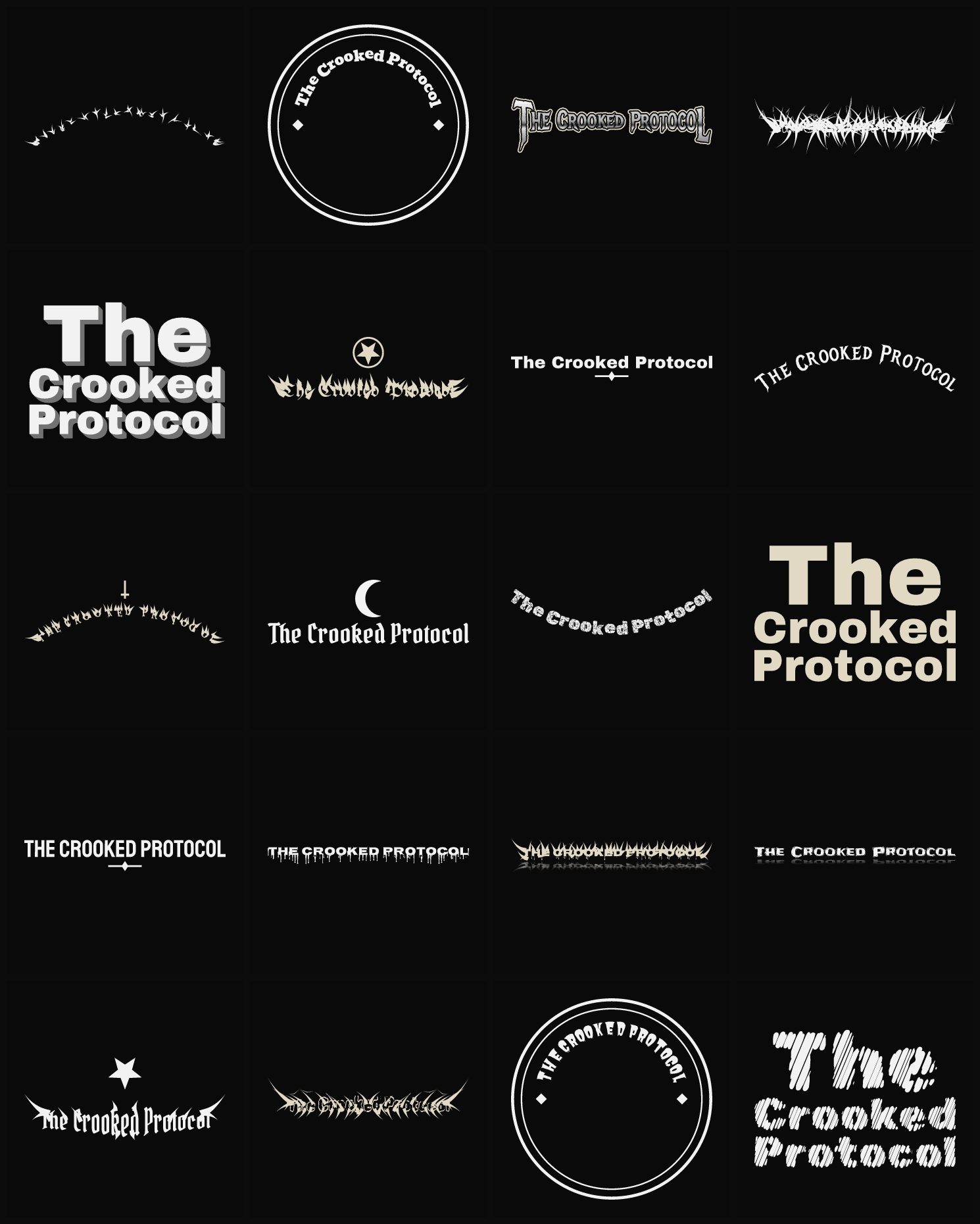 Twenty The Crooked Protocol band logo ideas — different faces, treatments and spike settings
