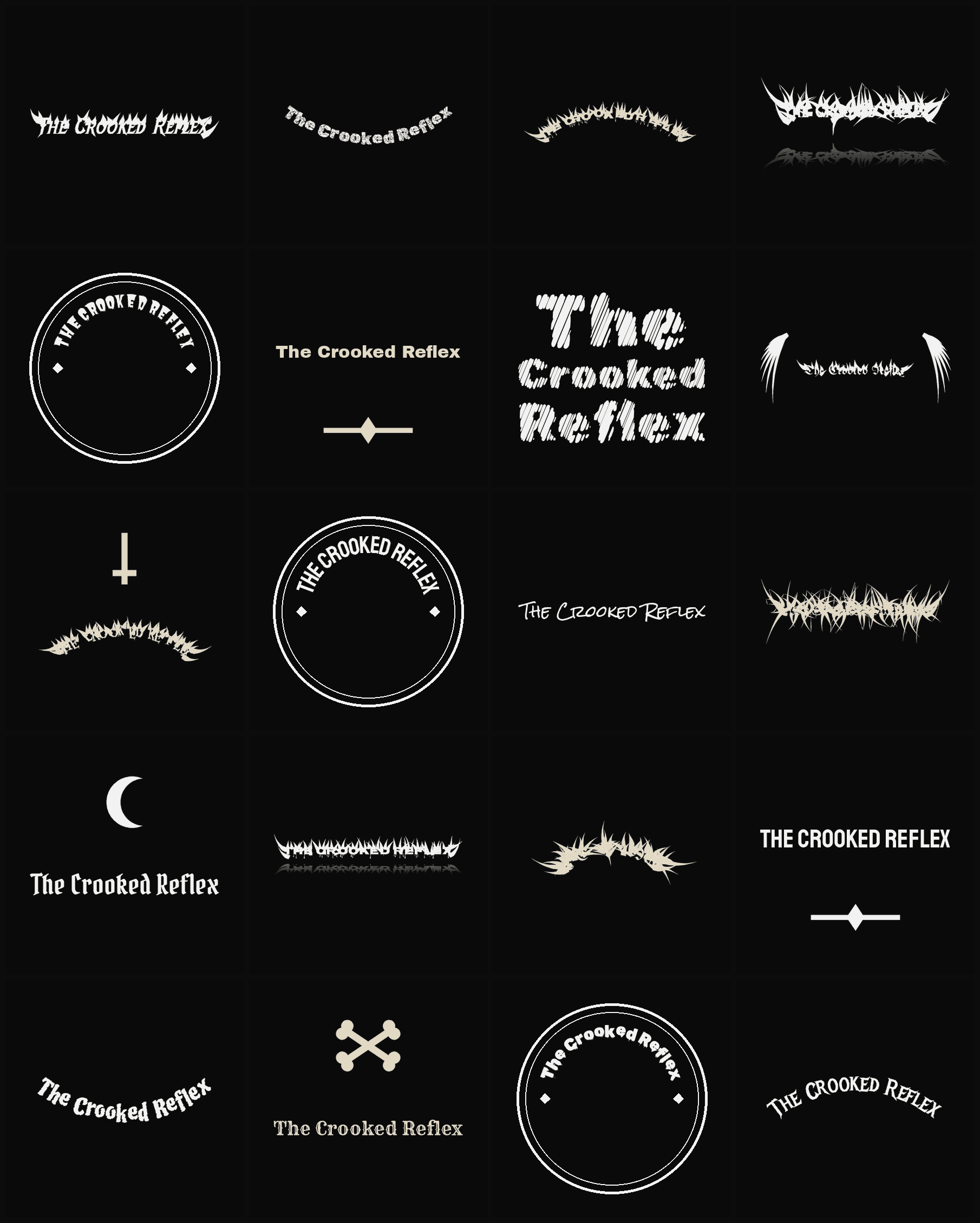 Twenty The Crooked Reflex band logo ideas — different faces, treatments and spike settings