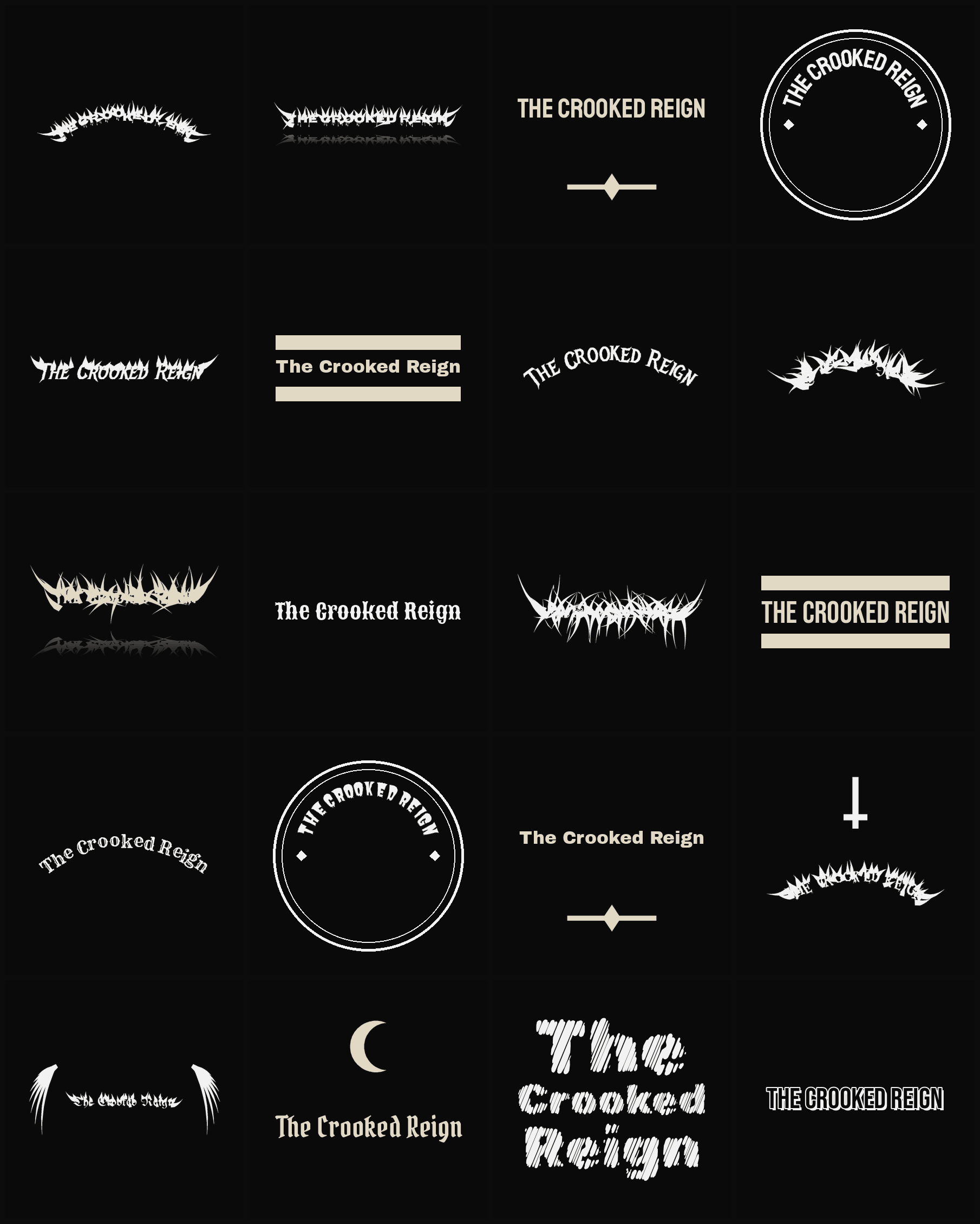 Twenty The Crooked Reign band logo ideas — different faces, treatments and spike settings