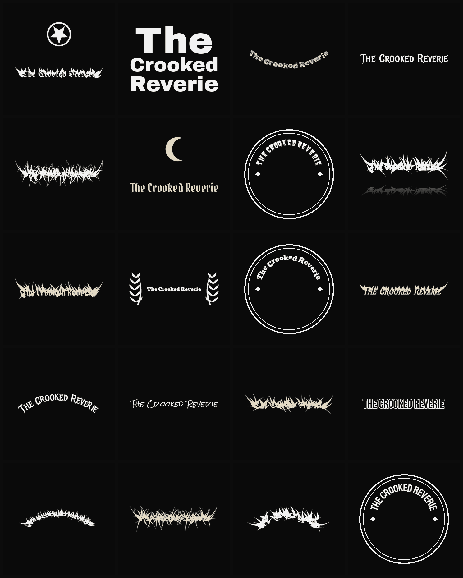 Twenty The Crooked Reverie band logo ideas — different faces, treatments and spike settings