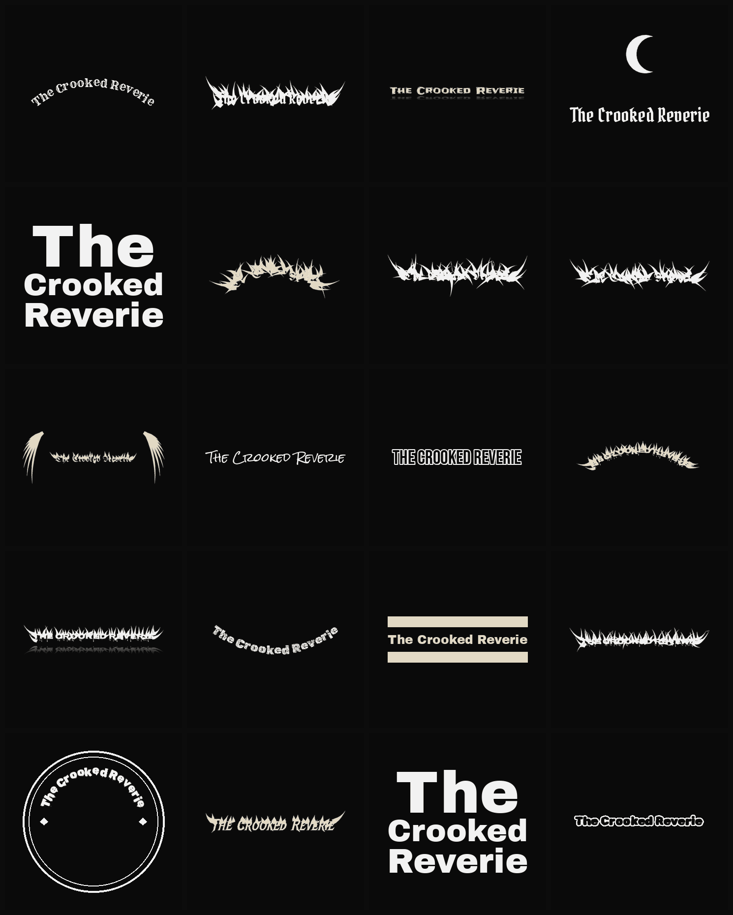 Twenty The Crooked Reverie band logo ideas — different faces, treatments and spike settings