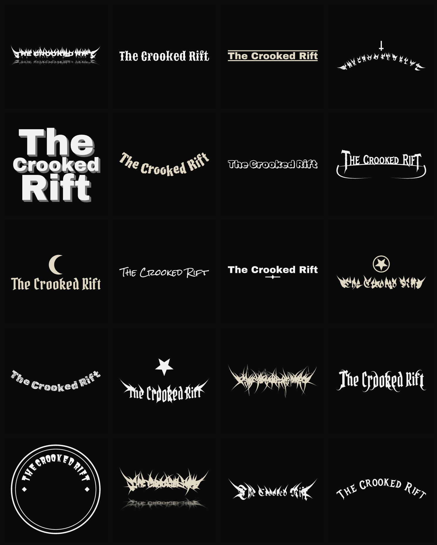 Twenty The Crooked Rift band logo ideas — different faces, treatments and spike settings