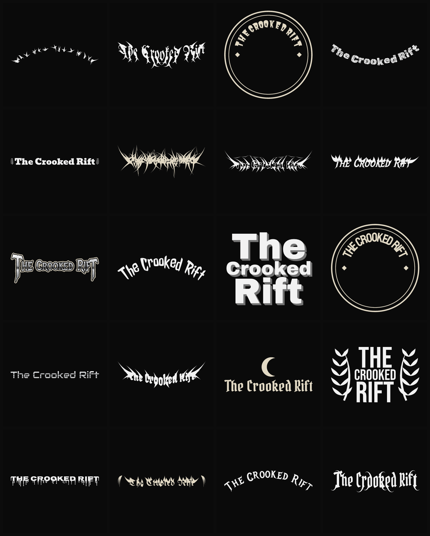Twenty The Crooked Rift band logo ideas — different faces, treatments and spike settings