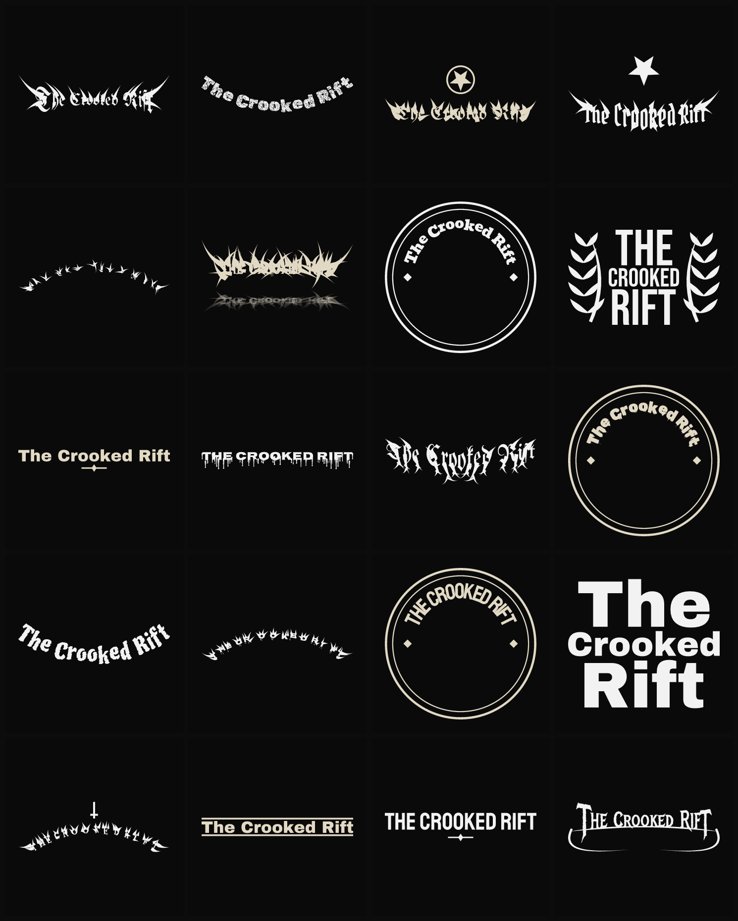 Twenty The Crooked Rift band logo ideas — different faces, treatments and spike settings