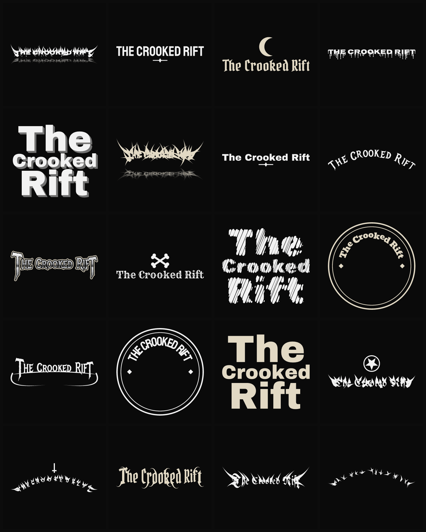 Twenty The Crooked Rift band logo ideas — different faces, treatments and spike settings