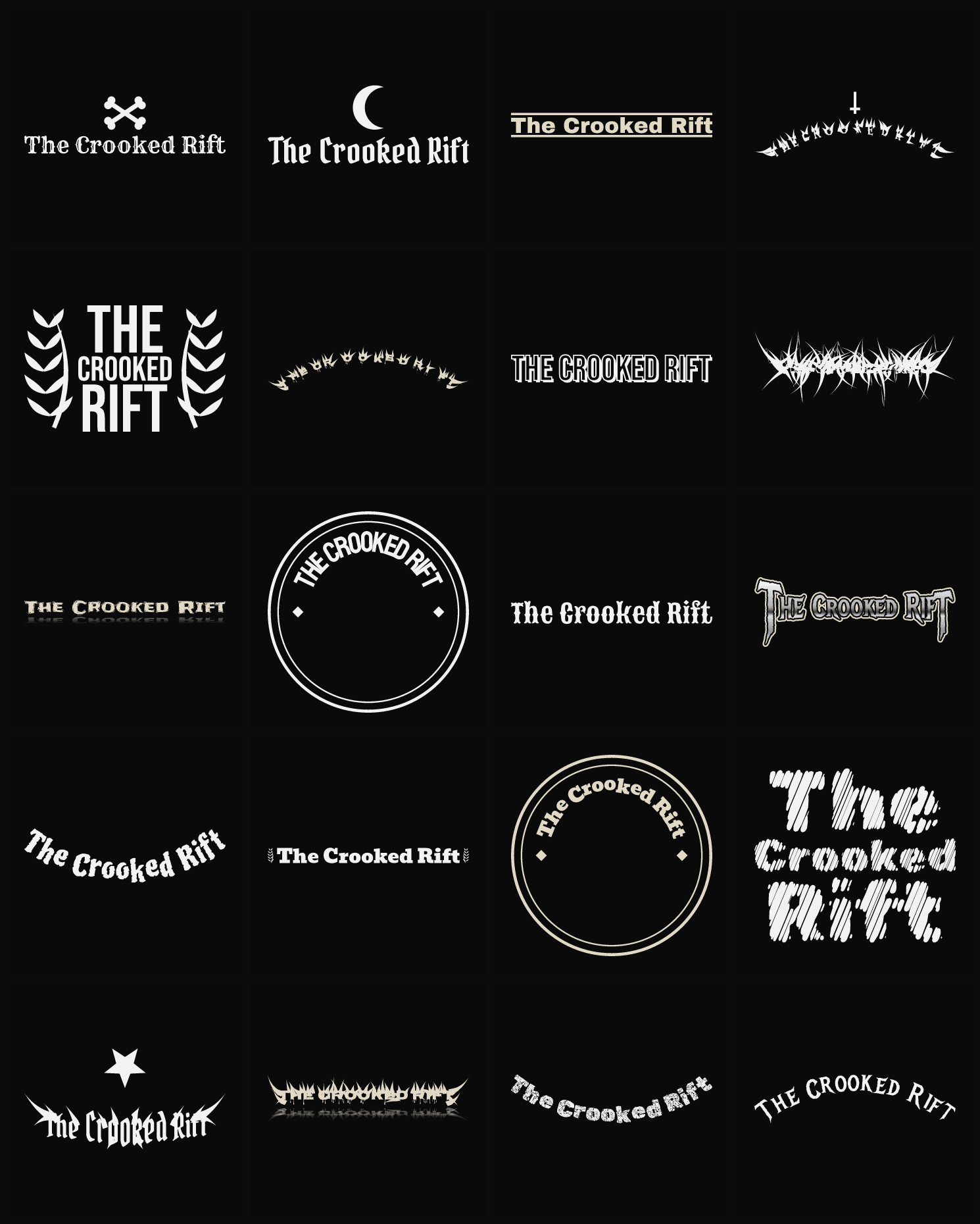 Twenty The Crooked Rift band logo ideas — different faces, treatments and spike settings