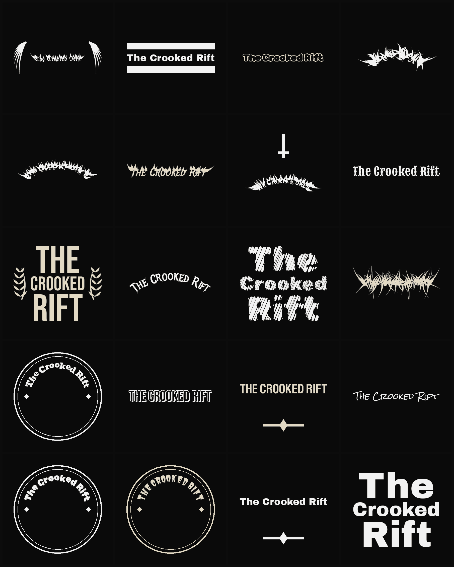 Twenty The Crooked Rift band logo ideas — different faces, treatments and spike settings