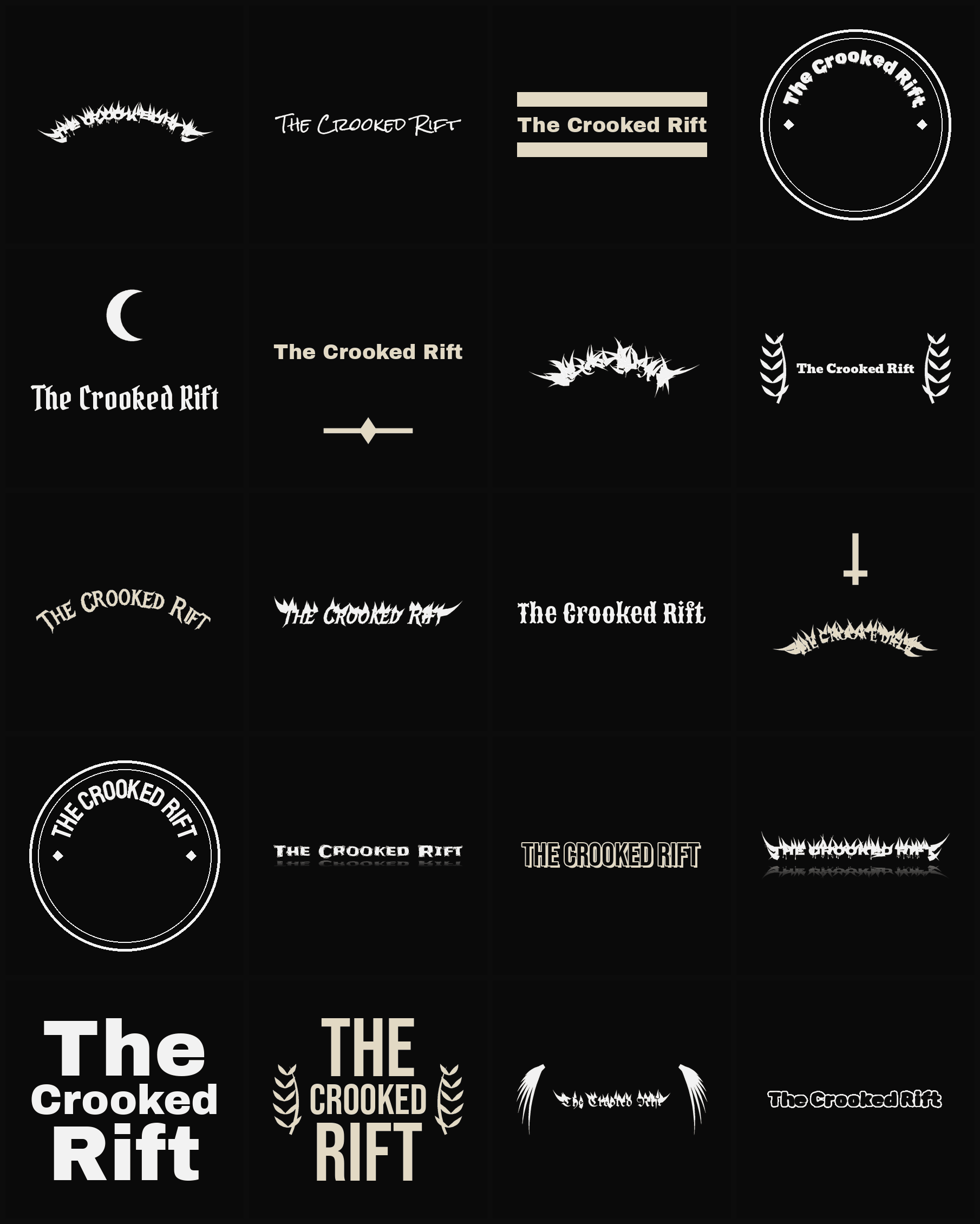 Twenty The Crooked Rift band logo ideas — different faces, treatments and spike settings