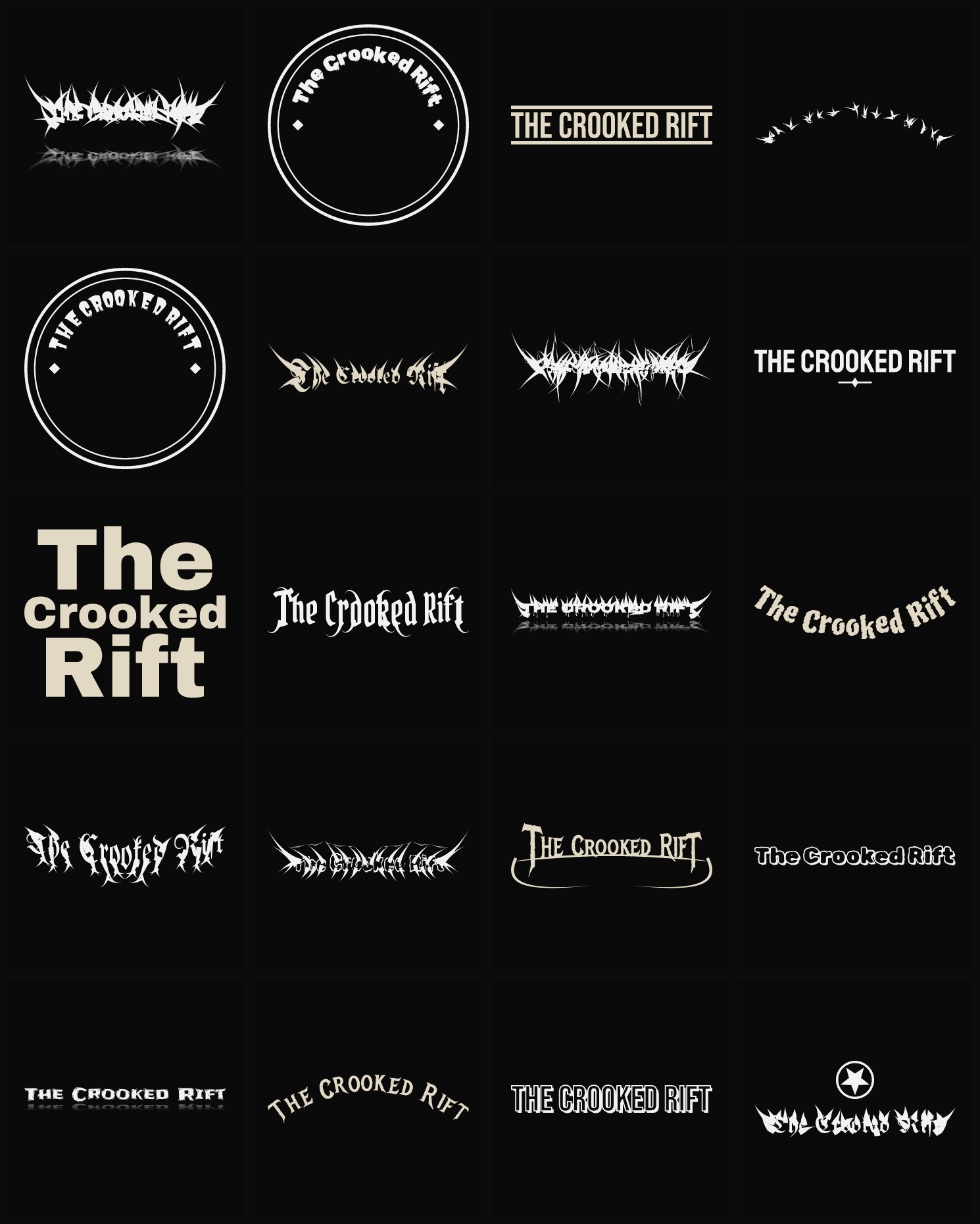 Twenty The Crooked Rift band logo ideas — different faces, treatments and spike settings