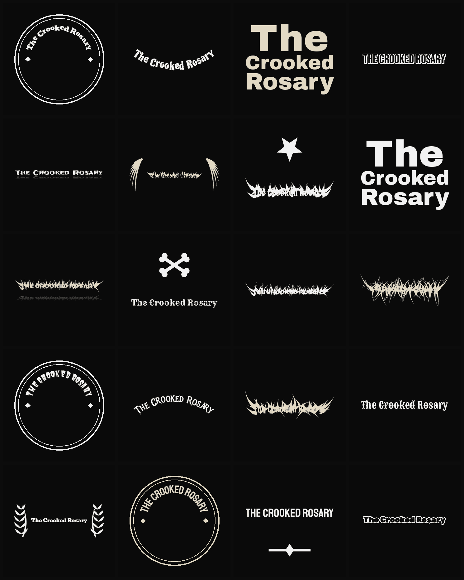 Twenty The Crooked Rosary band logo ideas — different faces, treatments and spike settings