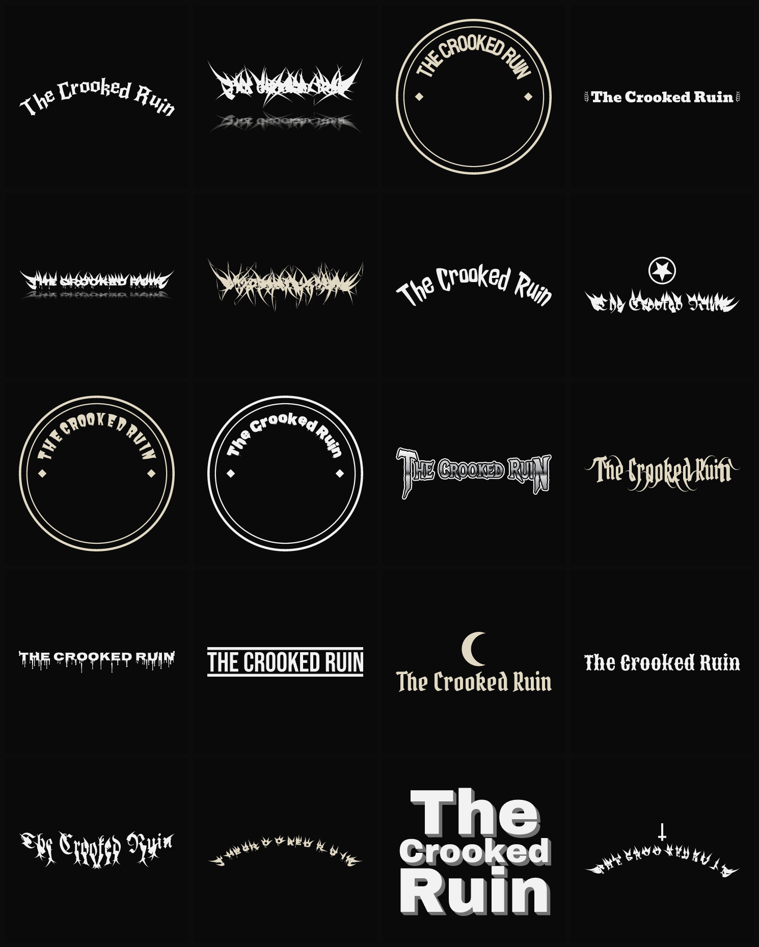 Twenty The Crooked Ruin band logo ideas — different faces, treatments and spike settings