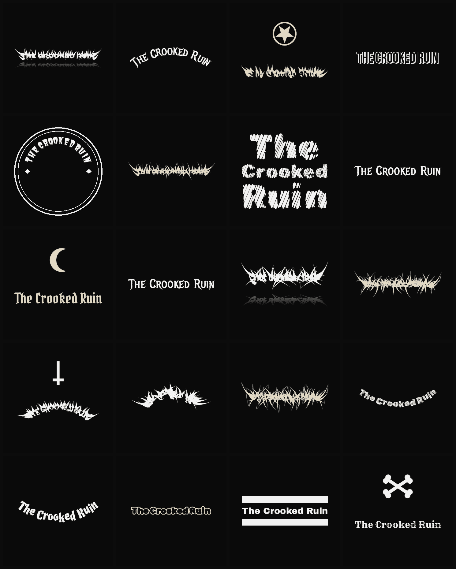 Twenty The Crooked Ruin band logo ideas — different faces, treatments and spike settings