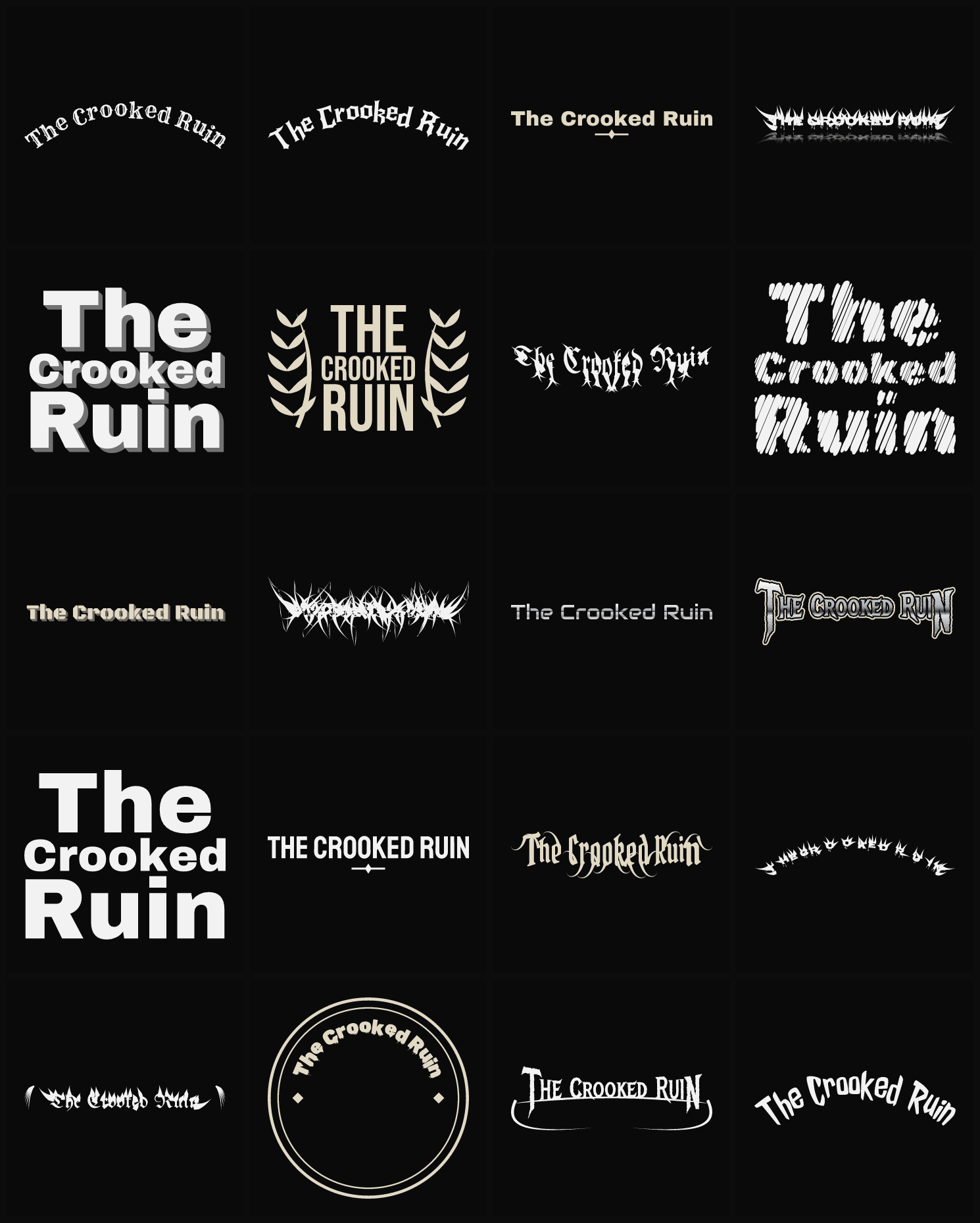 Twenty The Crooked Ruin band logo ideas — different faces, treatments and spike settings