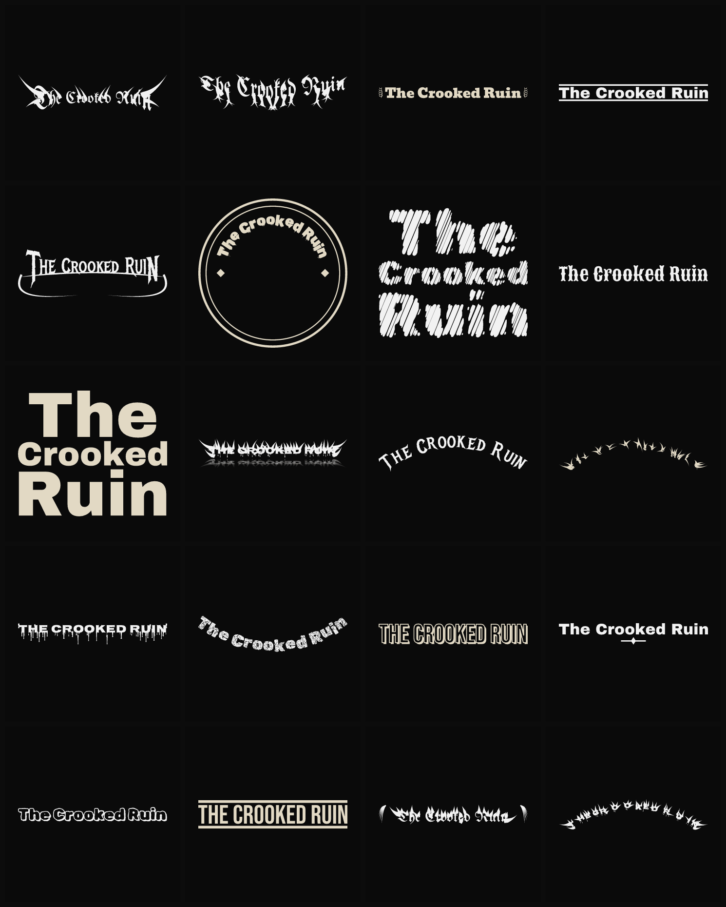 Twenty The Crooked Ruin band logo ideas — different faces, treatments and spike settings