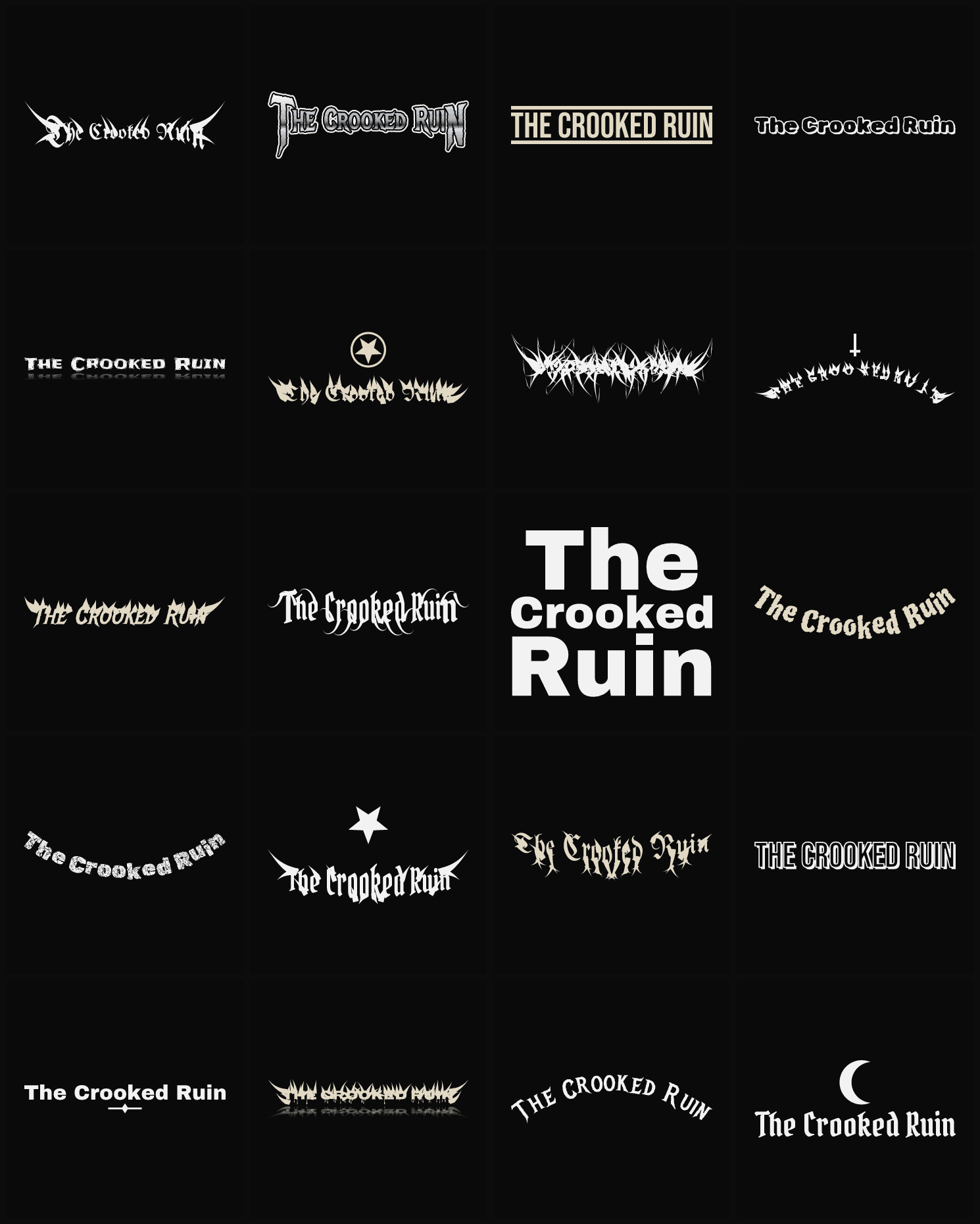Twenty The Crooked Ruin band logo ideas — different faces, treatments and spike settings