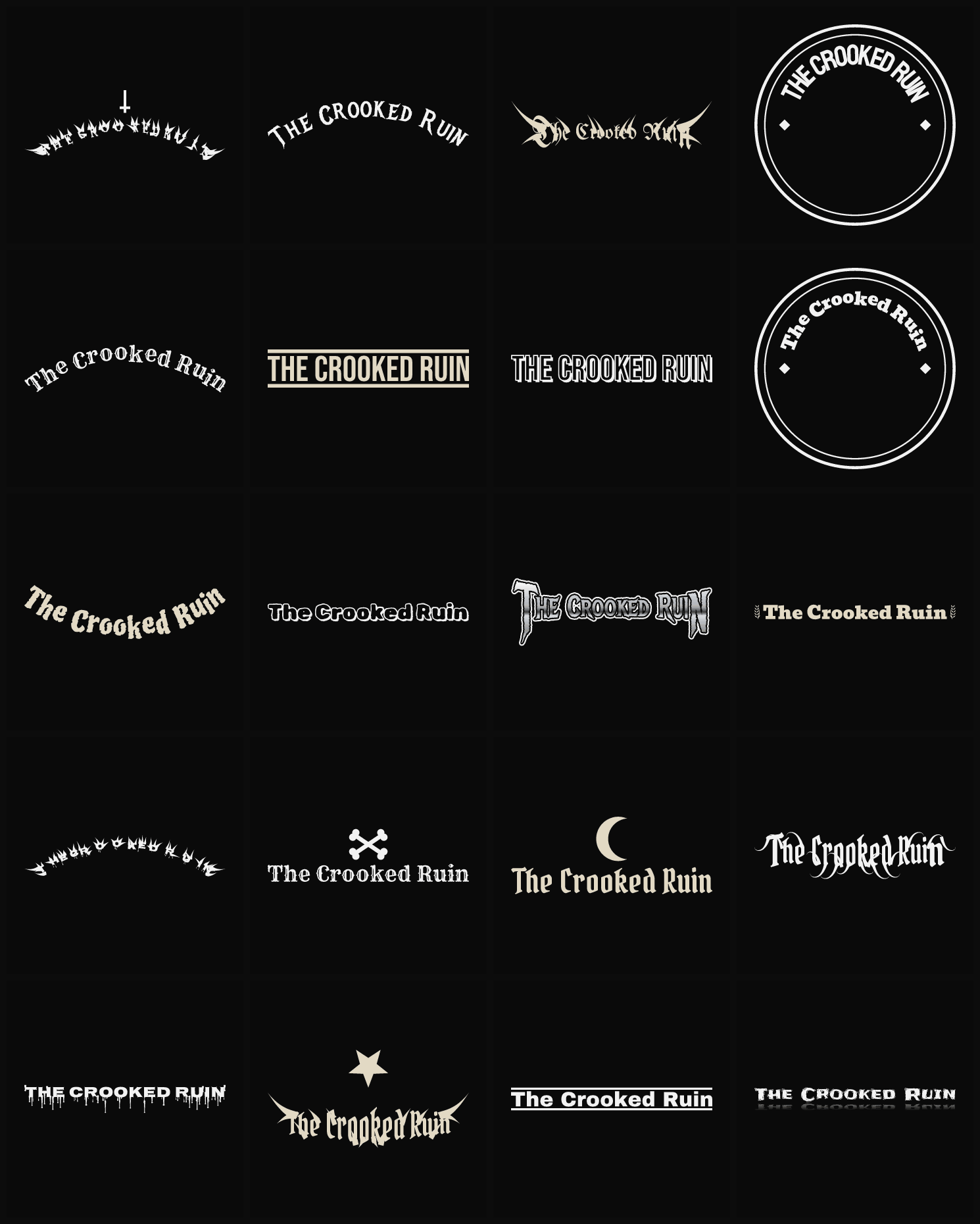 Twenty The Crooked Ruin band logo ideas — different faces, treatments and spike settings