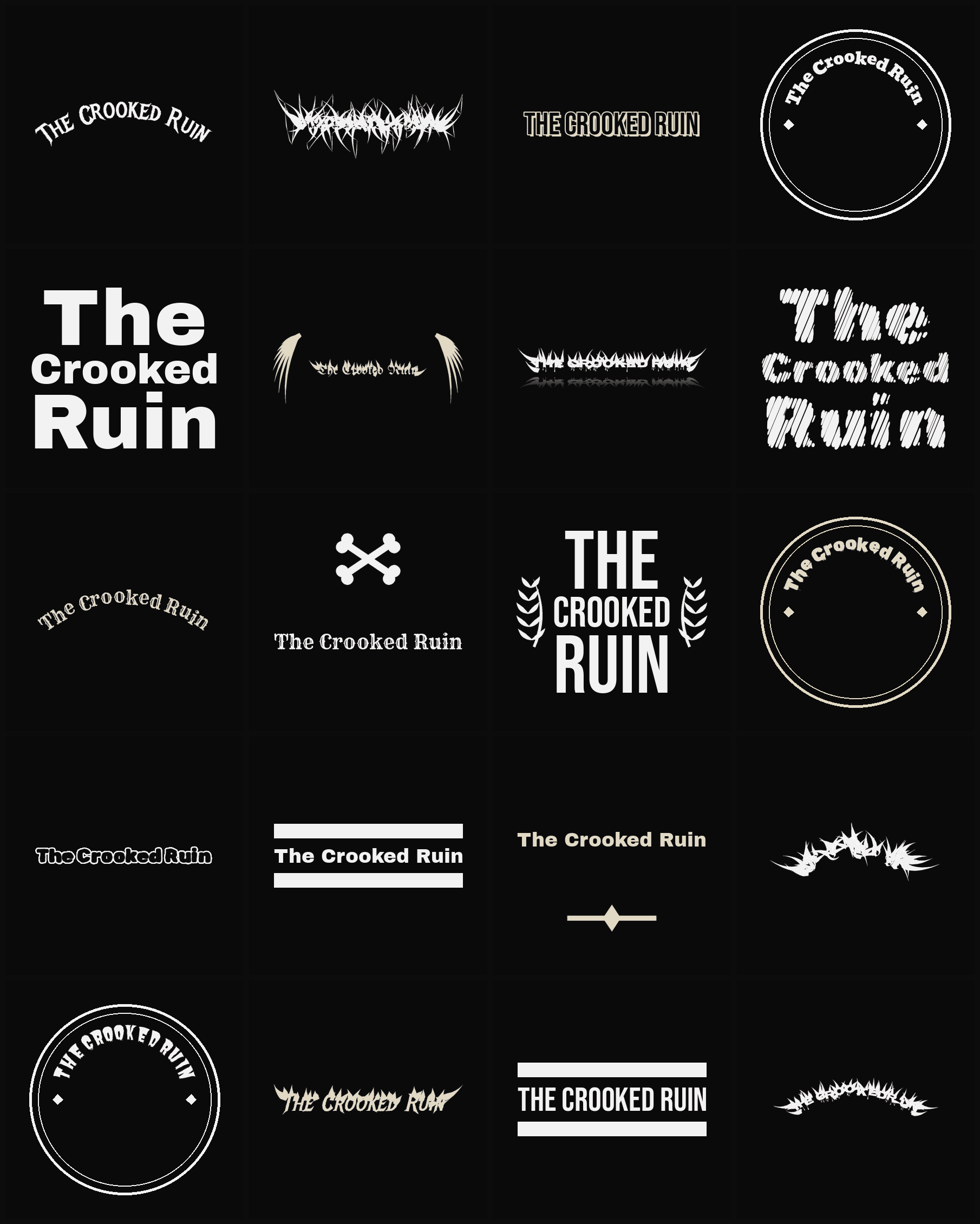 Twenty The Crooked Ruin band logo ideas — different faces, treatments and spike settings