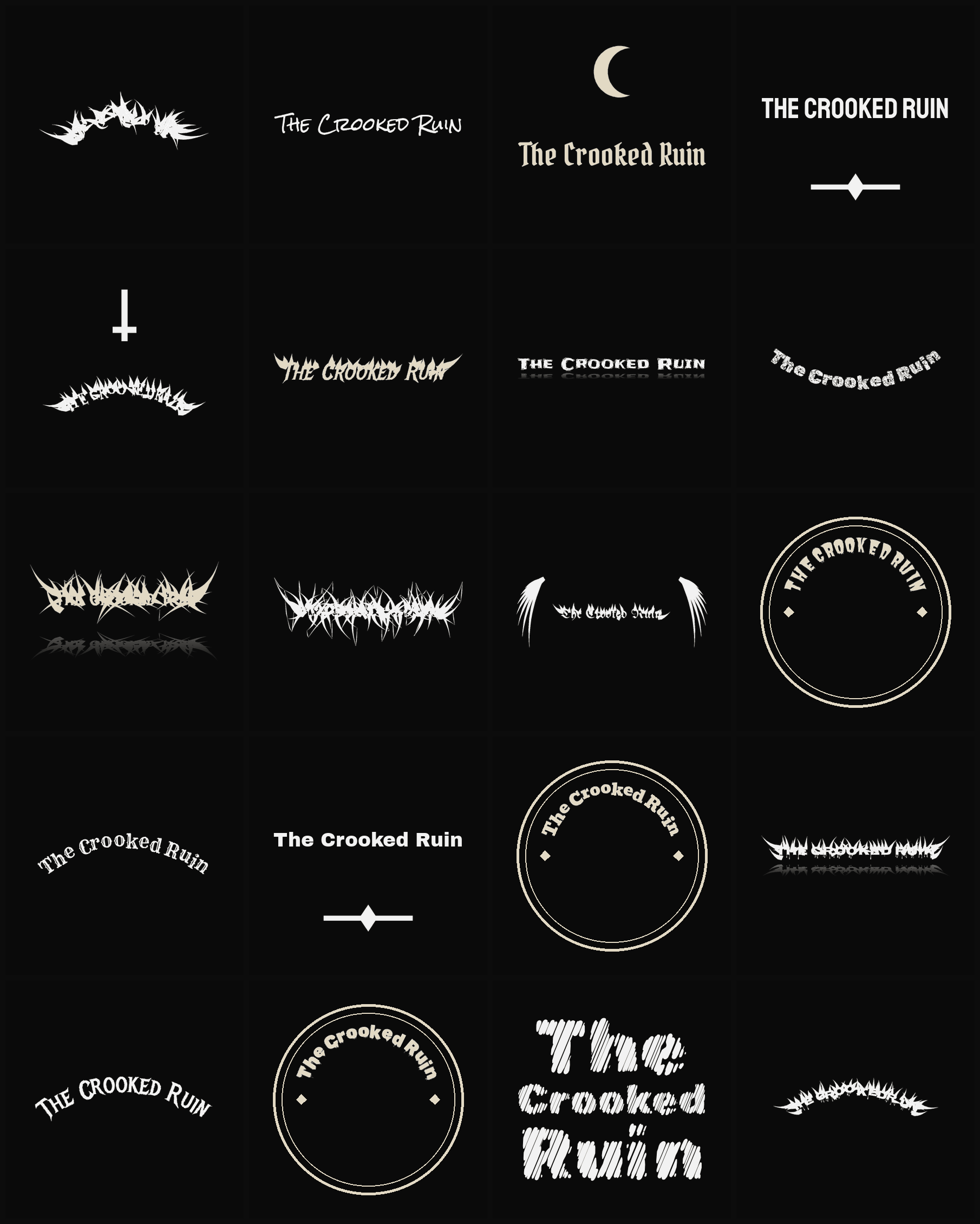 Twenty The Crooked Ruin band logo ideas — different faces, treatments and spike settings