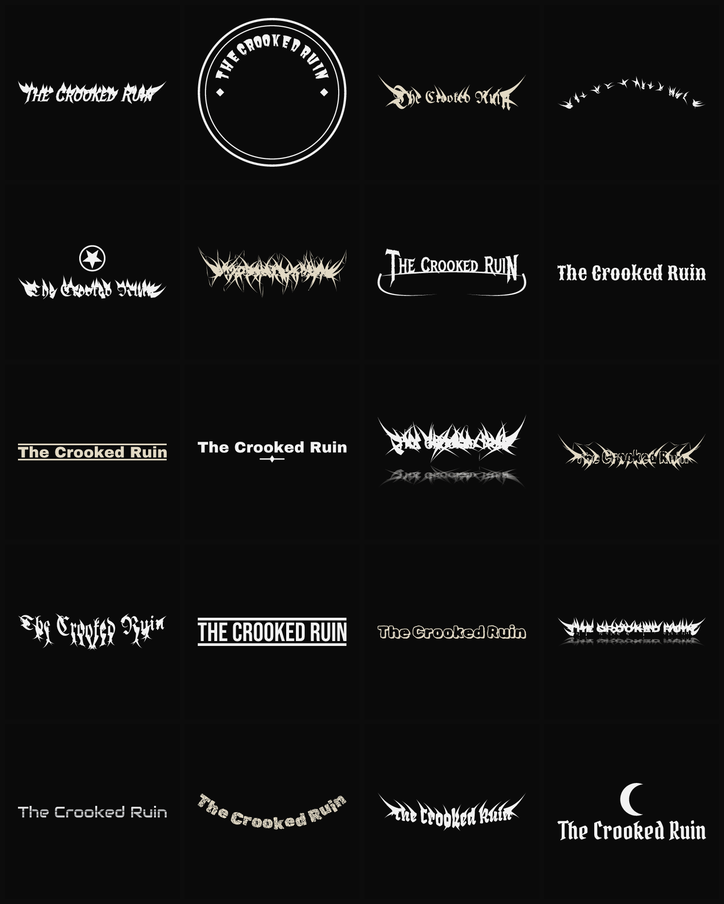 Twenty The Crooked Ruin band logo ideas — different faces, treatments and spike settings