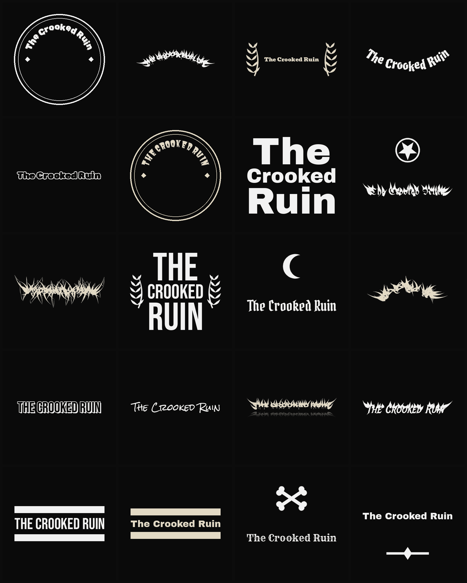 Twenty The Crooked Ruin band logo ideas — different faces, treatments and spike settings