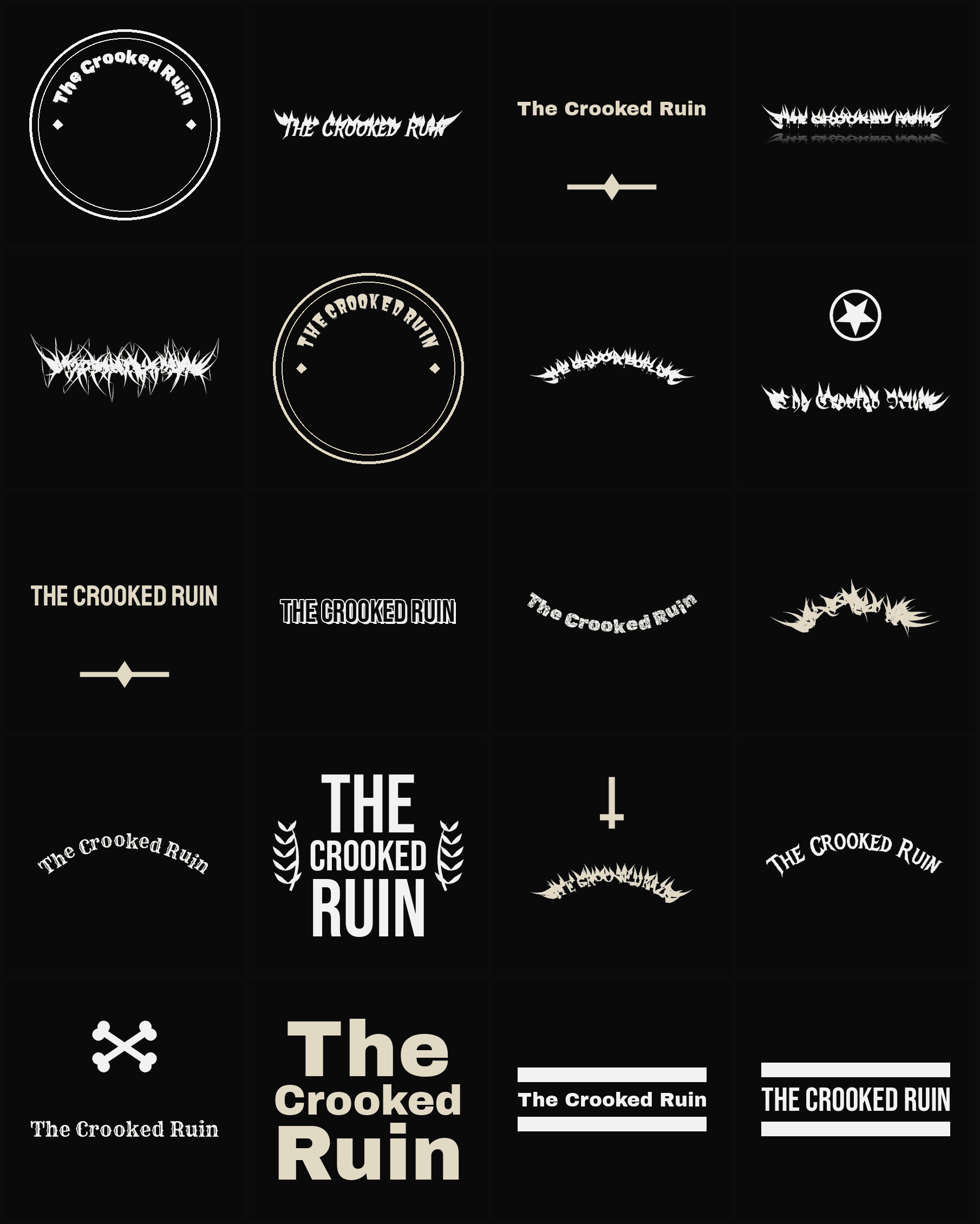 Twenty The Crooked Ruin band logo ideas — different faces, treatments and spike settings