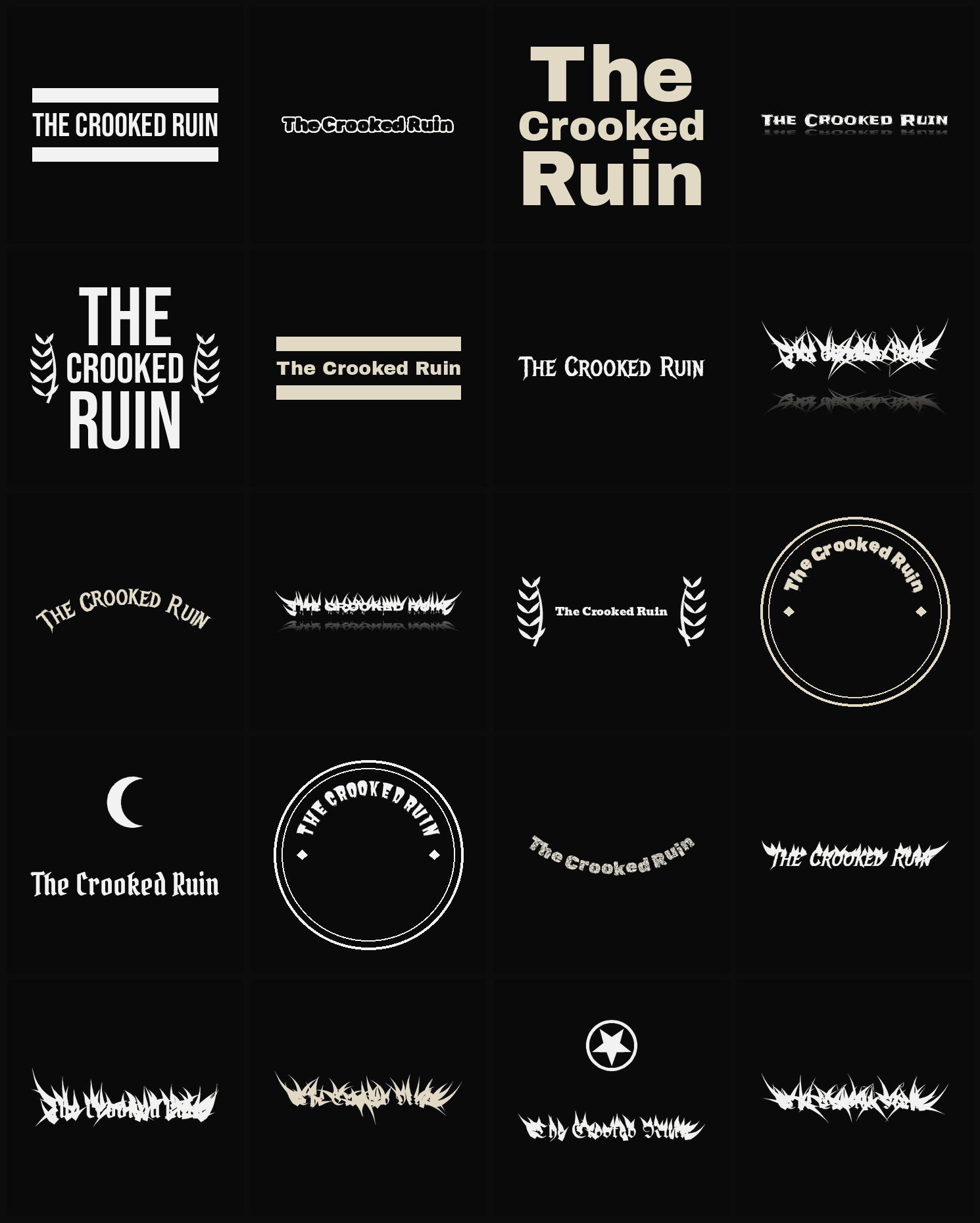Twenty The Crooked Ruin band logo ideas — different faces, treatments and spike settings