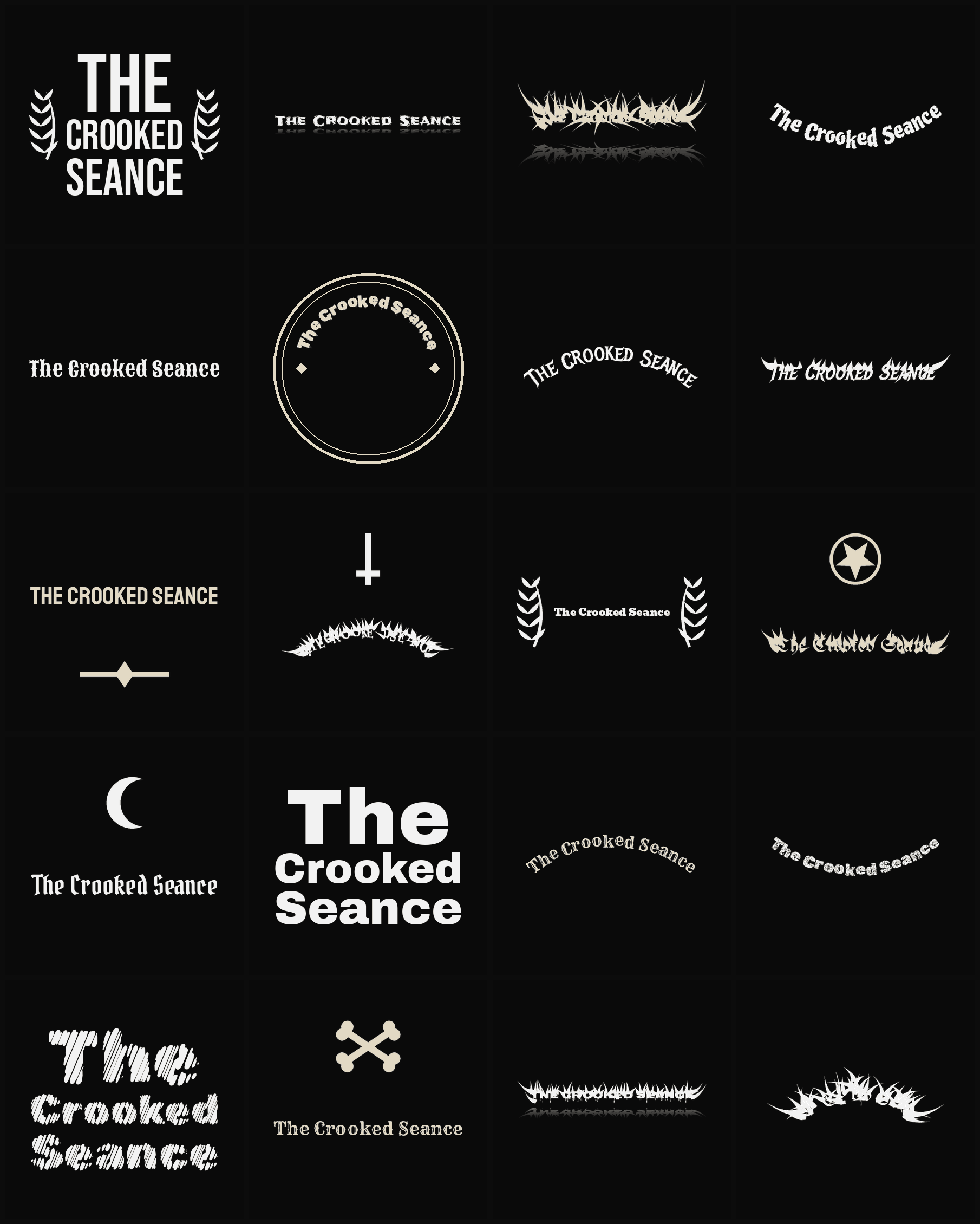 Twenty The Crooked Seance band logo ideas — different faces, treatments and spike settings