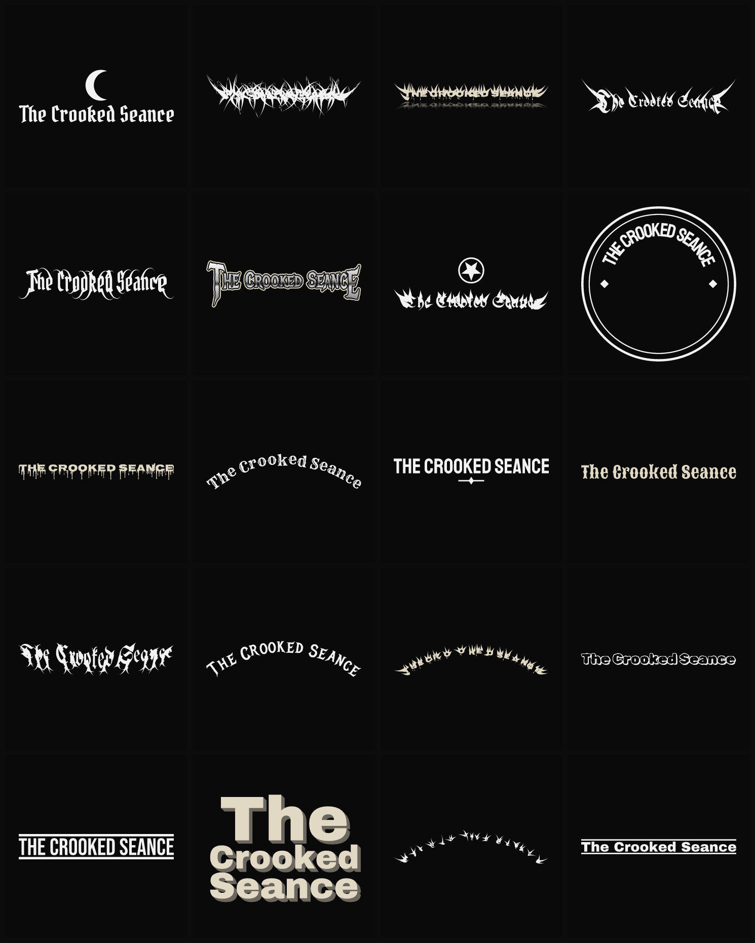 Twenty The Crooked Seance band logo ideas — different faces, treatments and spike settings