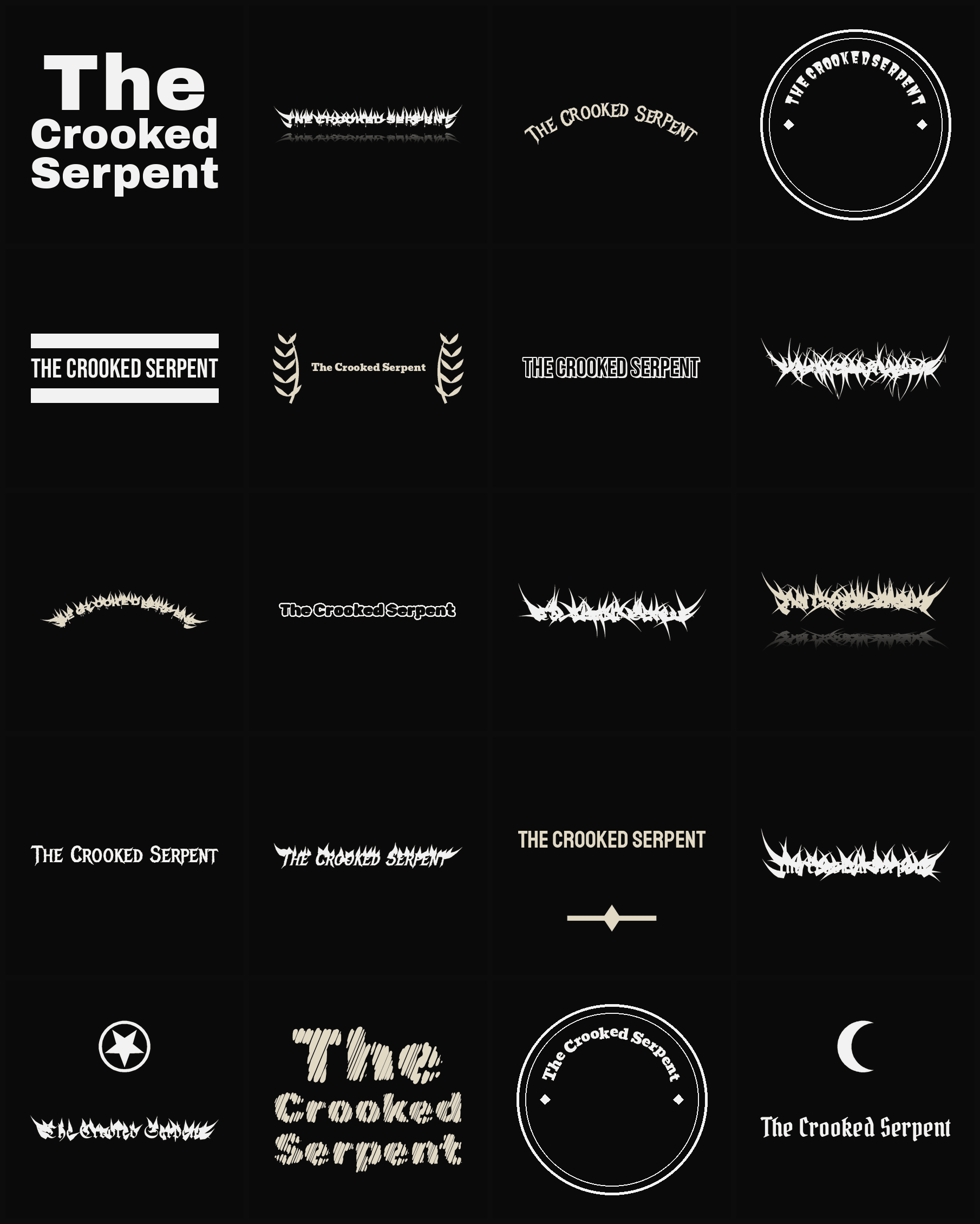 Twenty The Crooked Serpent band logo ideas — different faces, treatments and spike settings