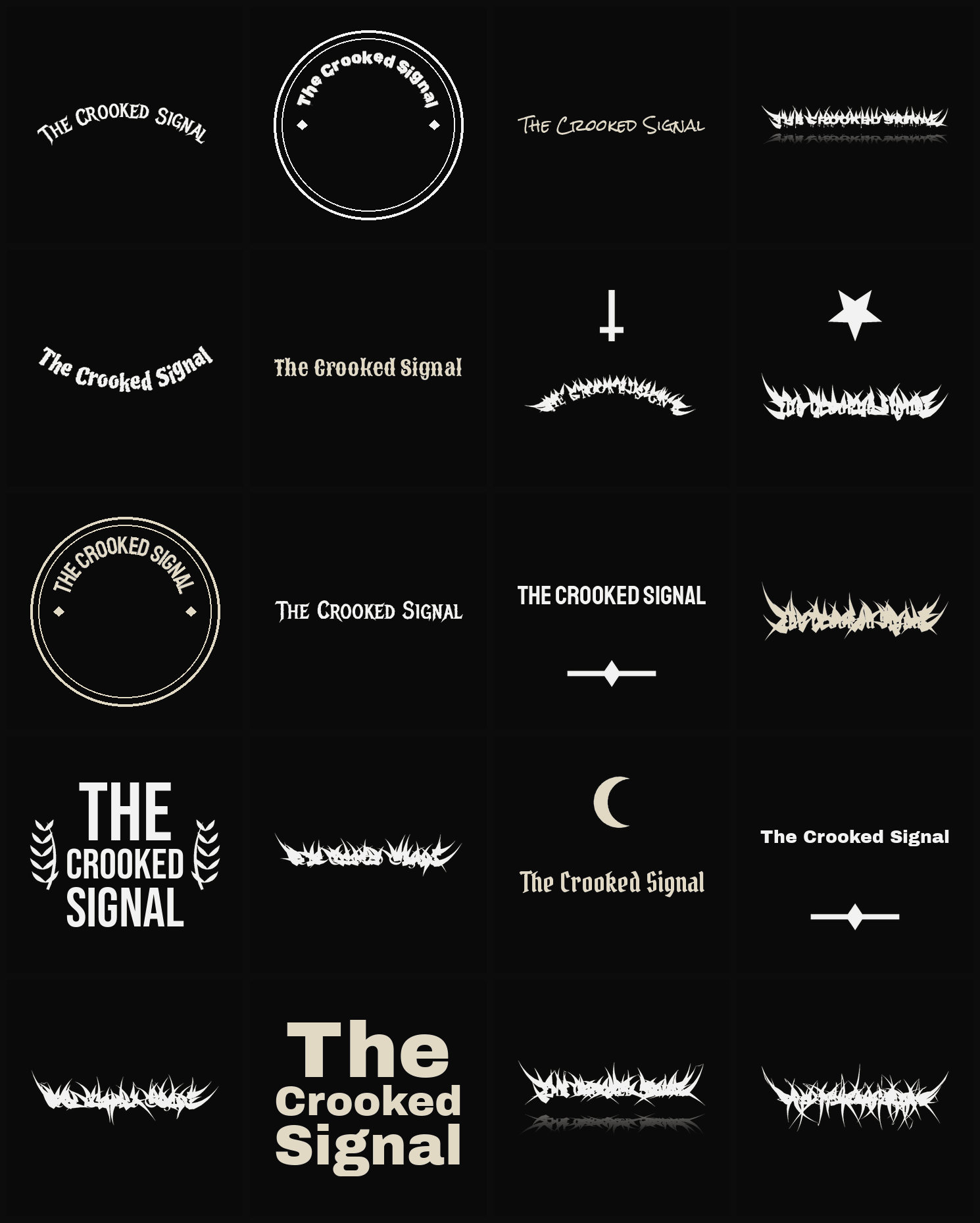 Twenty The Crooked Signal band logo ideas — different faces, treatments and spike settings